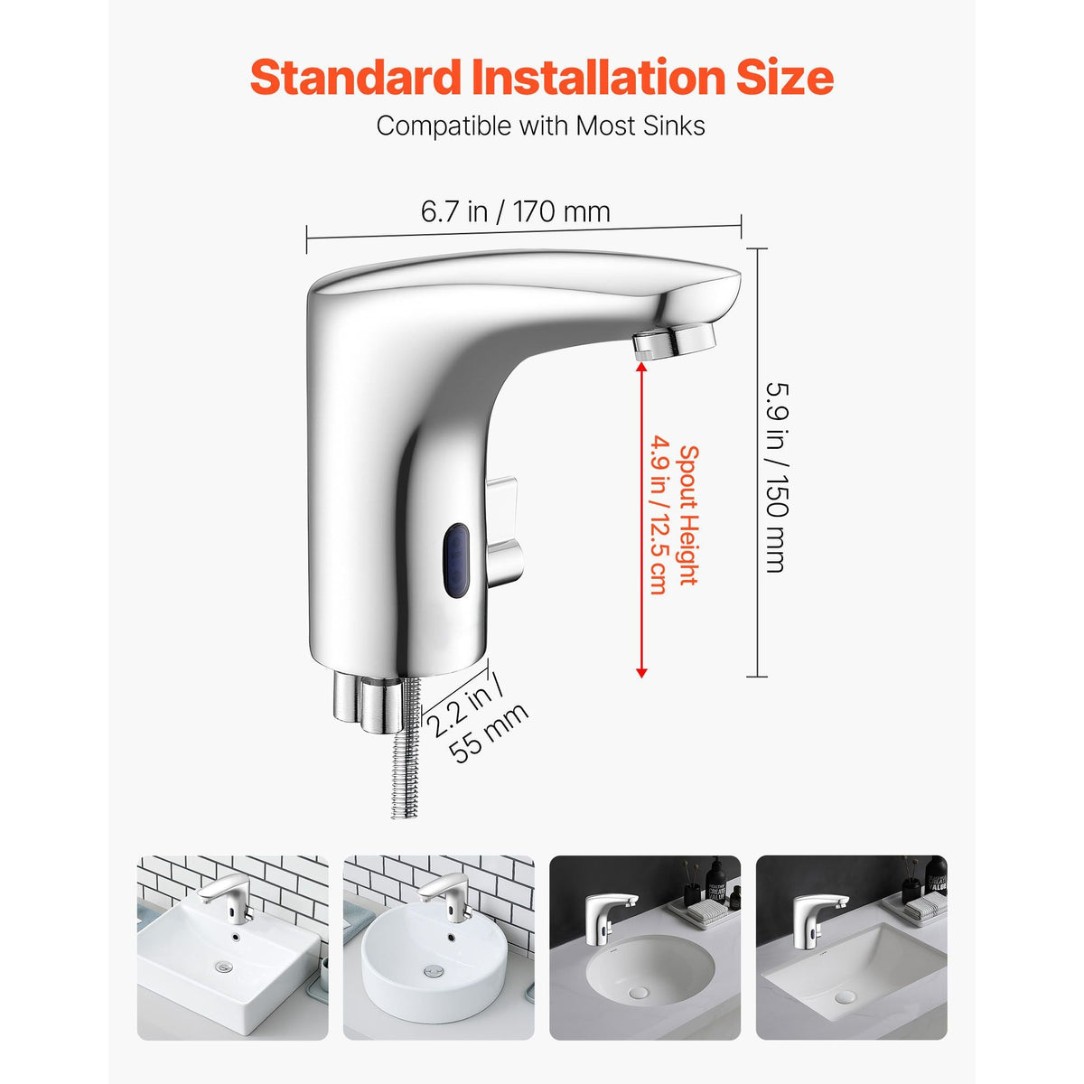 Touchless Bathroom Sink Faucet, Automatic Motion Sensor Restroom Toilet Faucet, HandsFree Adjustable Cold Hot Single Handle Water Mixer Battery Operated for 9/16 in Pipe,Chrome Plated Silver