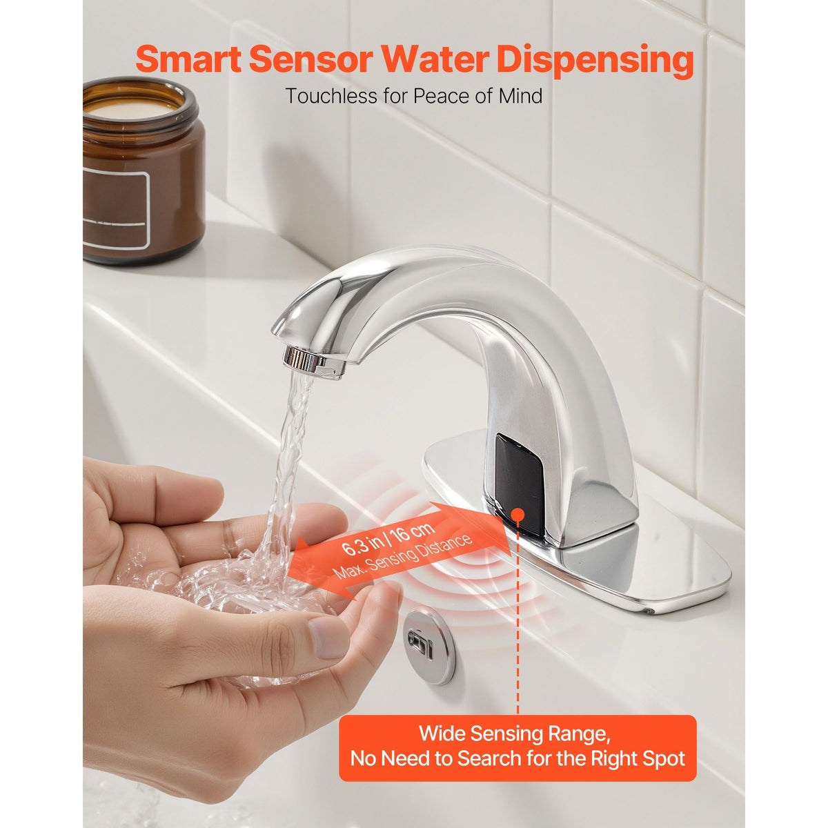 Touchless Bathroom Sink Faucet, Automatic Motion Sensor Restroom Toilet Faucet with Hole Cover Plate, Battery Operated,Adjustable Temp for 9/16 in Pipe Commercial Lavatory,Chrome Plated Silver