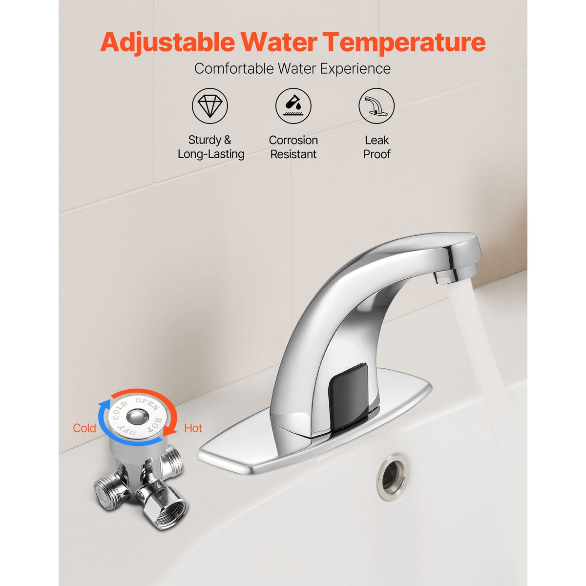 Touchless Bathroom Sink Faucet, Automatic Motion Sensor Restroom Toilet Faucet with Hole Cover Plate, Battery Operated,Hot/Cold Water for 9/16 in Pipe Commercial Lavatory,Chrome Plated Silver