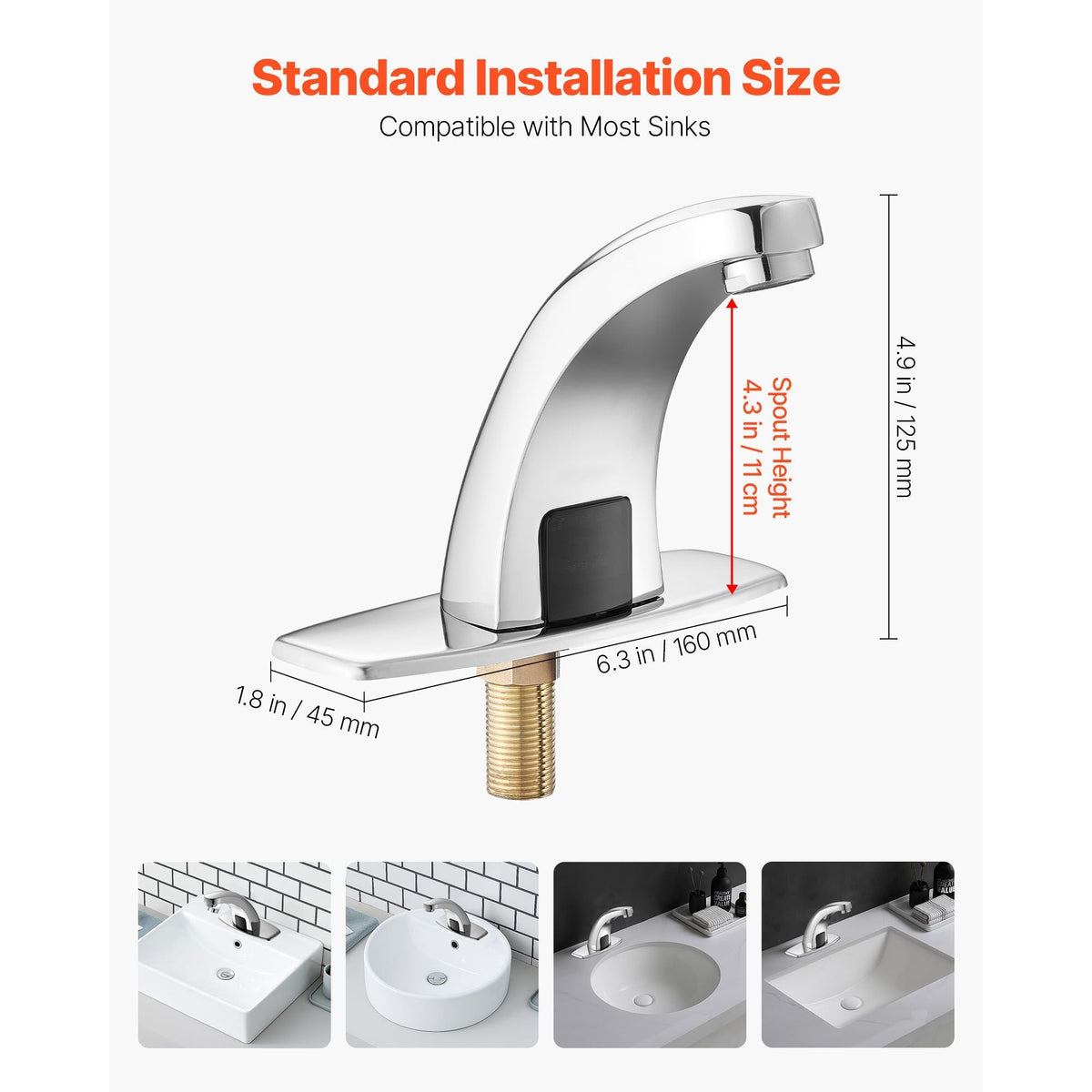 Touchless Bathroom Sink Faucet, Automatic Motion Sensor Restroom Toilet Faucet with Hole Cover Plate, Battery Operated,Hot/Cold Water for 9/16 in Pipe Commercial Lavatory,Chrome Plated Silver