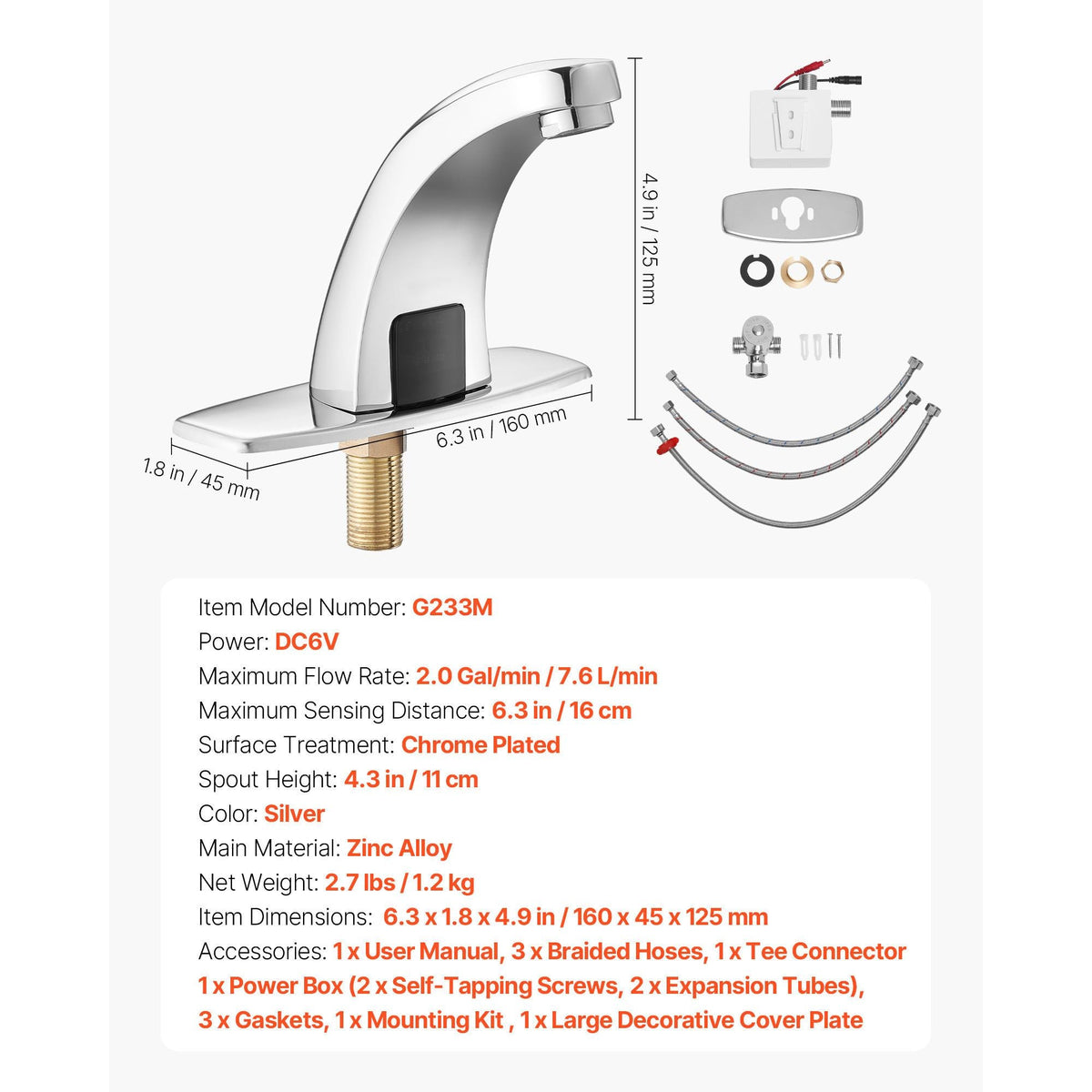 Touchless Bathroom Sink Faucet, Automatic Motion Sensor Restroom Toilet Faucet with Hole Cover Plate, Battery Operated,Hot/Cold Water for 9/16 in Pipe Commercial Lavatory,Chrome Plated Silver