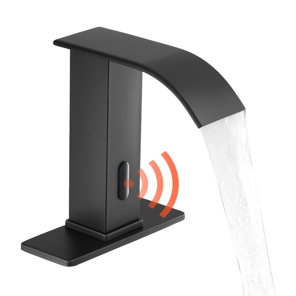Touchless Bathroom Sink Faucet, Automatic Motion Sensor Waterfall Restroom Toilet Faucet with Hole Cover Plate, Battery Operated,Hot/Cold Water for 9/16 in Pipe Commercial Lavatory,Matte Black