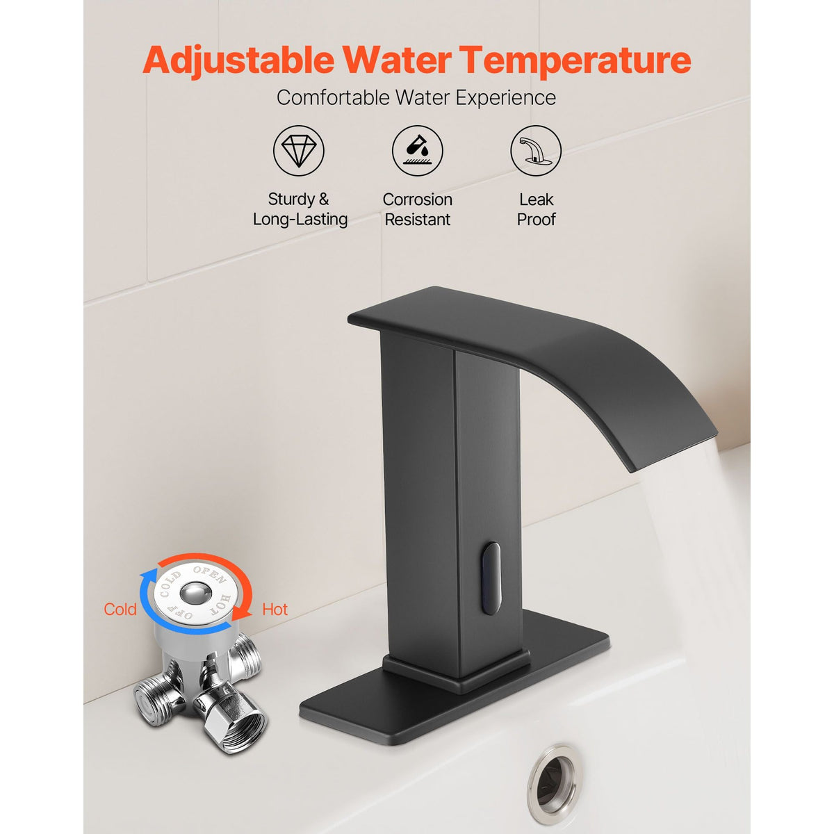Touchless Bathroom Sink Faucet, Automatic Motion Sensor Waterfall Restroom Toilet Faucet with Hole Cover Plate, Battery Operated,Hot/Cold Water for 9/16 in Pipe Commercial Lavatory,Matte Black