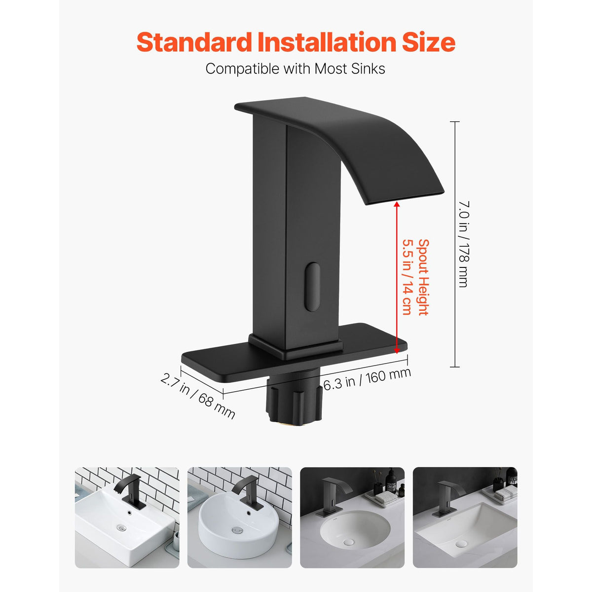 Touchless Bathroom Sink Faucet, Automatic Motion Sensor Waterfall Restroom Toilet Faucet with Hole Cover Plate, Battery Operated,Hot/Cold Water for 9/16 in Pipe Commercial Lavatory,Matte Black