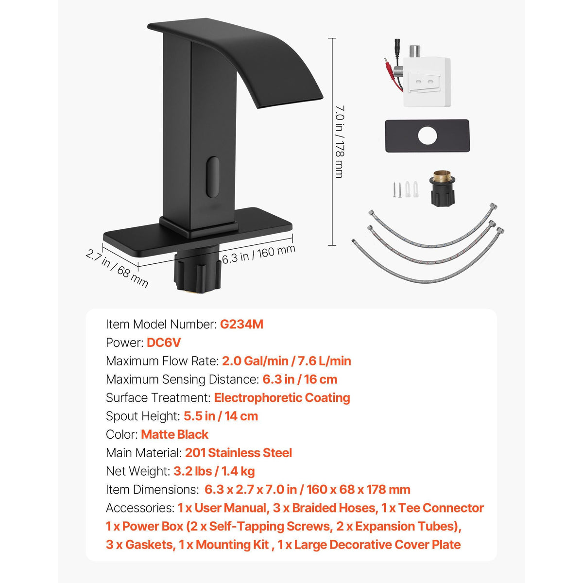 Touchless Bathroom Sink Faucet, Automatic Motion Sensor Waterfall Restroom Toilet Faucet with Hole Cover Plate, Battery Operated,Hot/Cold Water for 9/16 in Pipe Commercial Lavatory,Matte Black