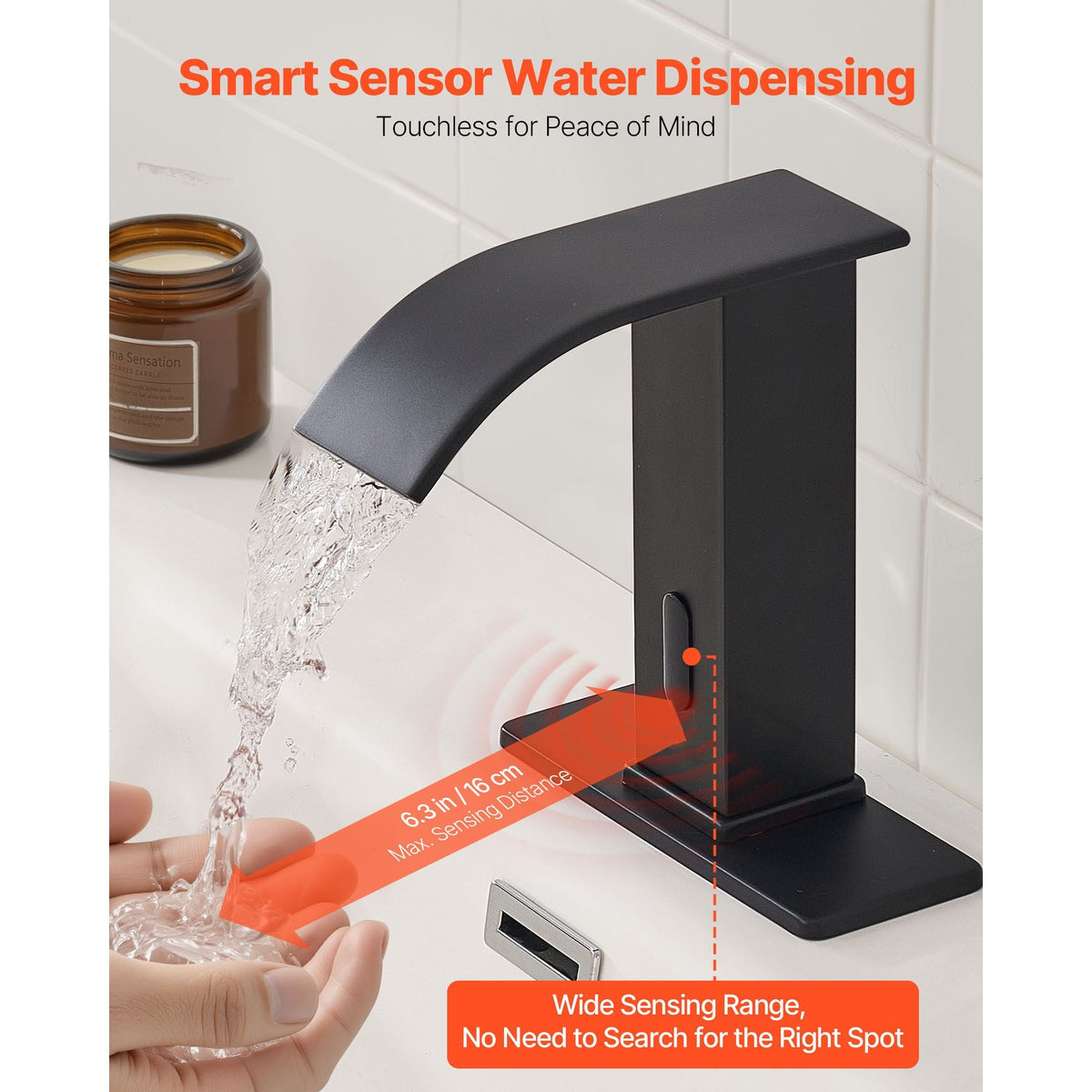 Touchless Bathroom Sink Faucet, Automatic Motion Sensor Waterfall Restroom Toilet Faucet with Hole Cover Plate, Battery Operated,Hot/Cold Water for 9/16 in Pipe Commercial Lavatory,Matte Black