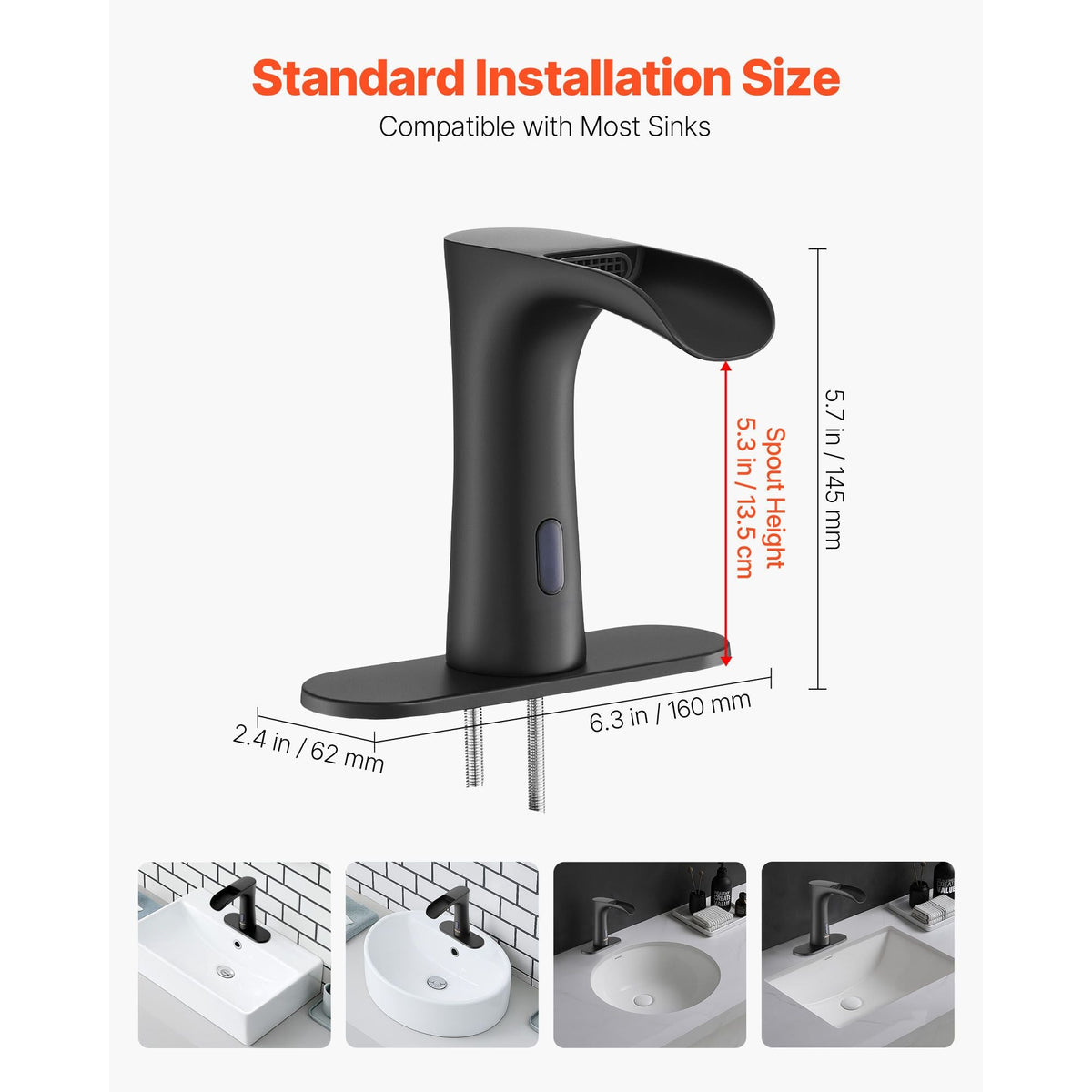 Touchless Bathroom Sink Faucet, Automatic Motion Sensor Waterfall Restroom Toilet Faucet with Hole Cover Plate, Modern Electronic Sensor Hot/Cold Water for 9/16 in Pipe Commercial,Matte Black