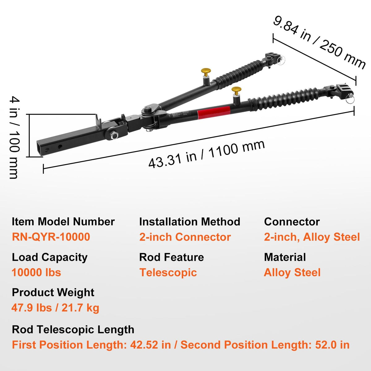 Tow Bar, 10000 lbs Towing Capacity with Ropes, Powder-Coating Alloy Steel Bumper-Mounted Universal Towing Bar with Max 52 inches Telescopic Rod, Fits 2-inch Connector, for RV Car Trailer Truck