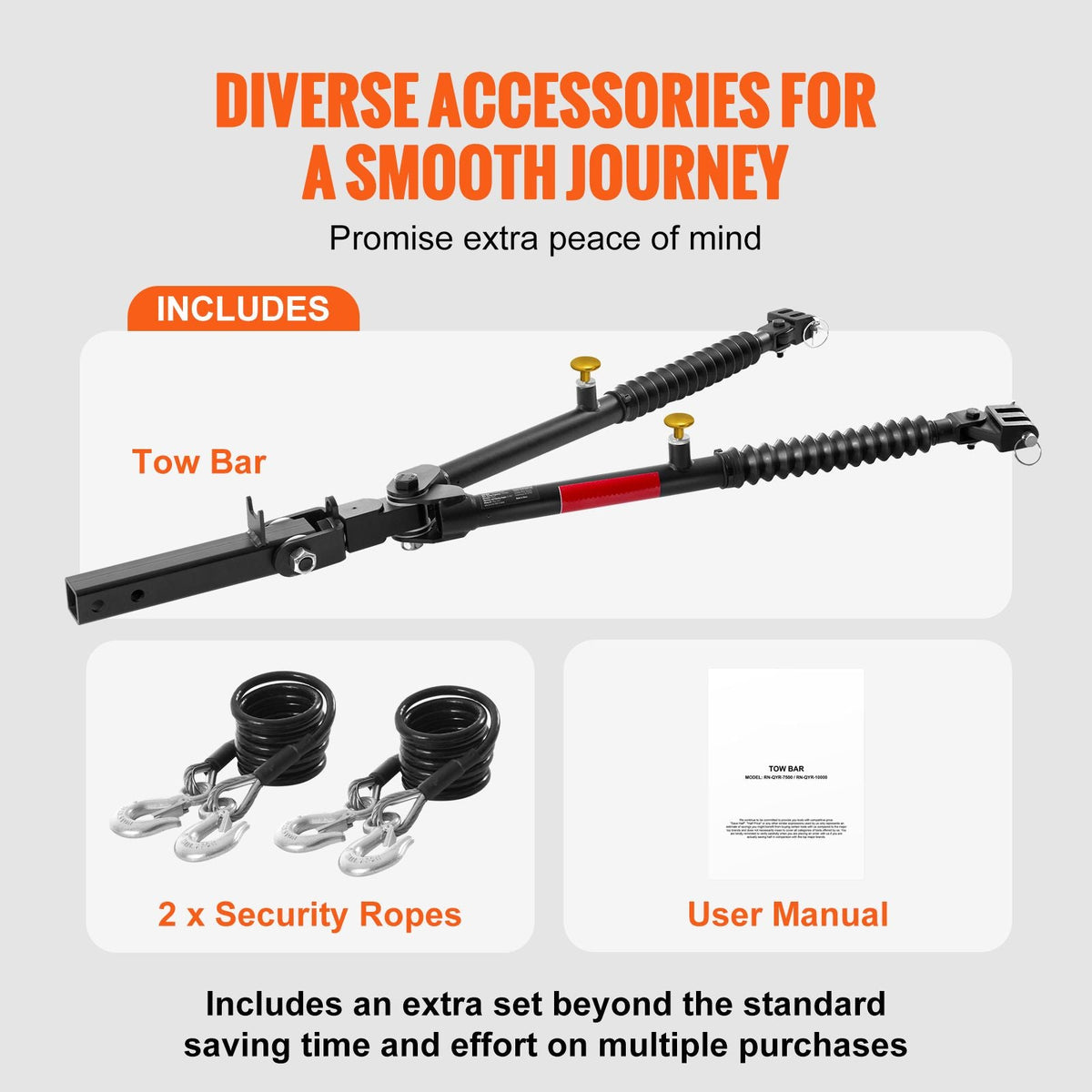 Tow Bar, 10000 lbs Towing Capacity with Ropes, Powder-Coating Alloy Steel Bumper-Mounted Universal Towing Bar with Max 52 inches Telescopic Rod, Fits 2-inch Connector, for RV Car Trailer Truck