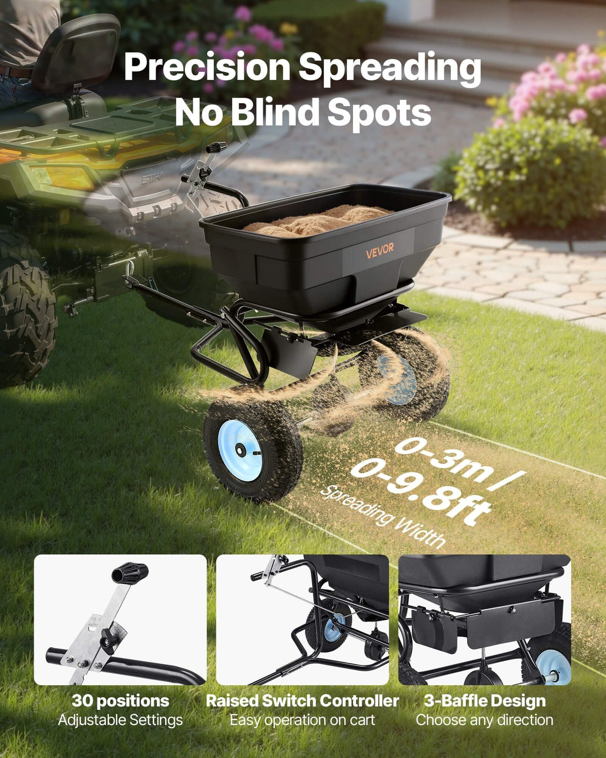 Tow-Behind Broadcast Spreader 130LB 15 Setting 0-9.8 ft Spreading Width for Seed
