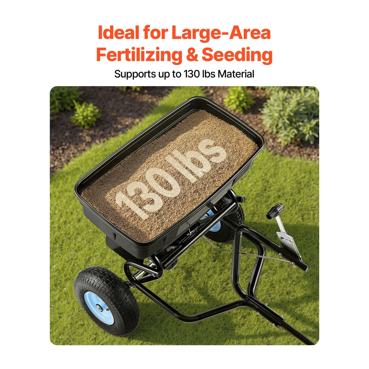 Tow Behind Broadcast Spreader, 130LBS Capacity, Tow/Push Garden Spreader with 13 in Tires, 30 Adjustable Setting & 9.8 ft Spreading Width, Lawn Spreaders for Seed, Fertilizer, Salt, Ice Melt