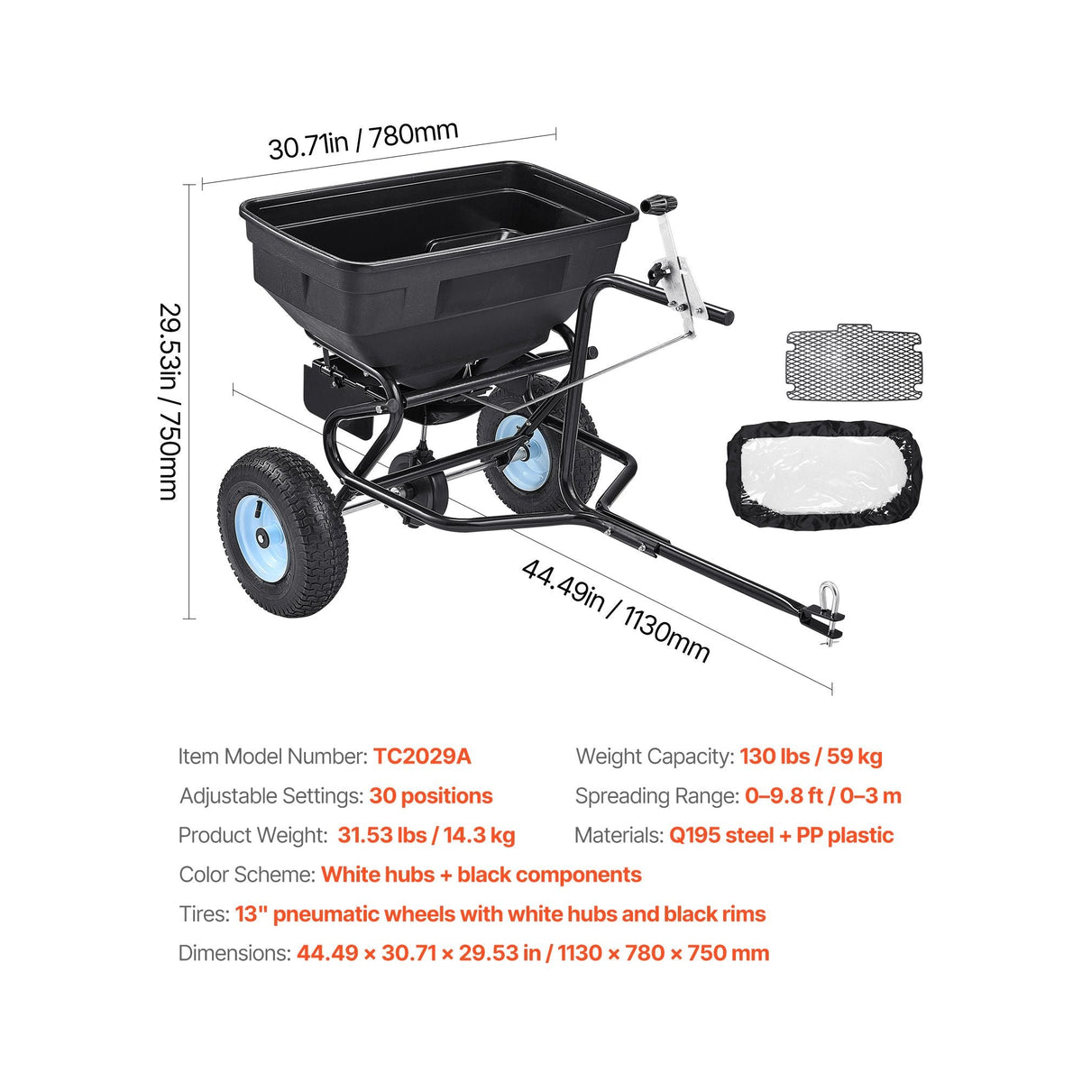 Tow Behind Broadcast Spreader, 130LBS Capacity, Tow/Push Garden Spreader with 13 in Tires, 30 Adjustable Setting & 9.8 ft Spreading Width, Lawn Spreaders for Seed, Fertilizer, Salt, Ice Melt