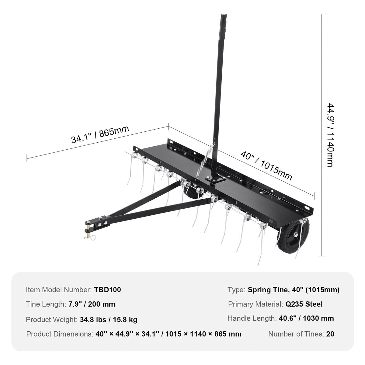 Tow Behind Dethatcher, 40-inch Tow Dethatcher with 20 Spring Steel Tines, Lawn Dethatcher Rake for ATV or Mower, Tow Behind Lawn Rake with Lift Handle for Garden Farm Grass