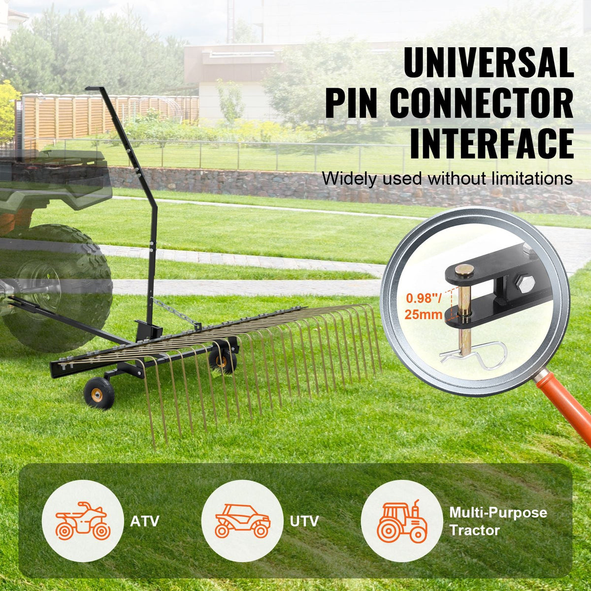 Tow Behind Dethatcher, 60-inch Tow Dethatcher with 24 Steel Tines, Lawn Dethatcher Rake for ATV or Mower, Tow Behind Lawn Rake with Lift Handle for Leaves, Pine Needles, and Grass
