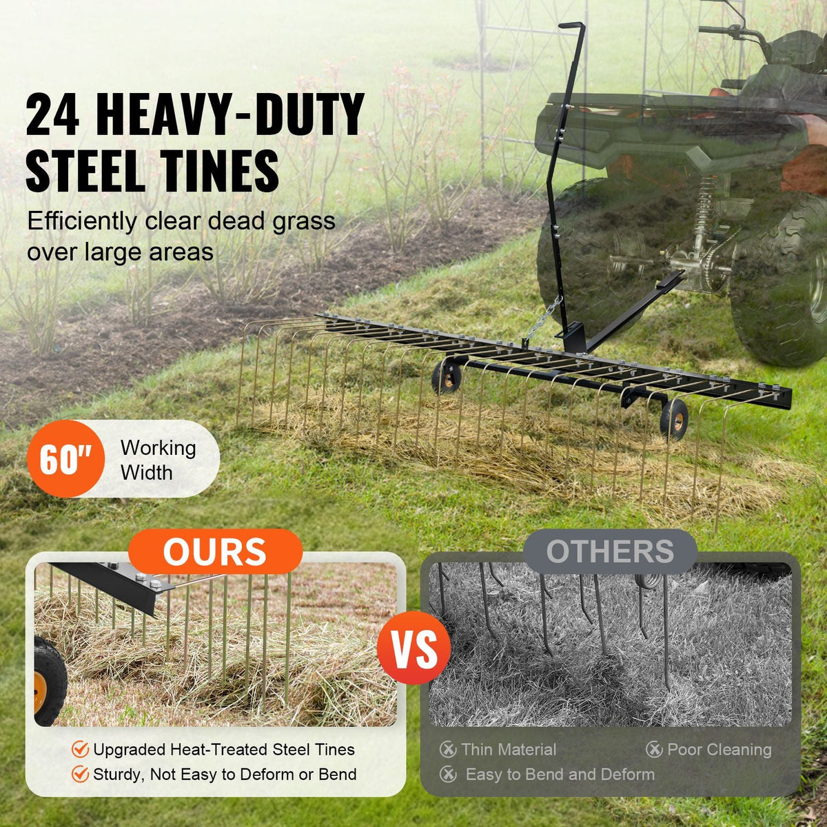 Tow Behind Dethatcher, 60-inch Tow Dethatcher with 24 Steel Tines, Lawn Dethatcher Rake for ATV or Mower, Tow Behind Lawn Rake with Lift Handle for Leaves, Pine Needles, and Grass