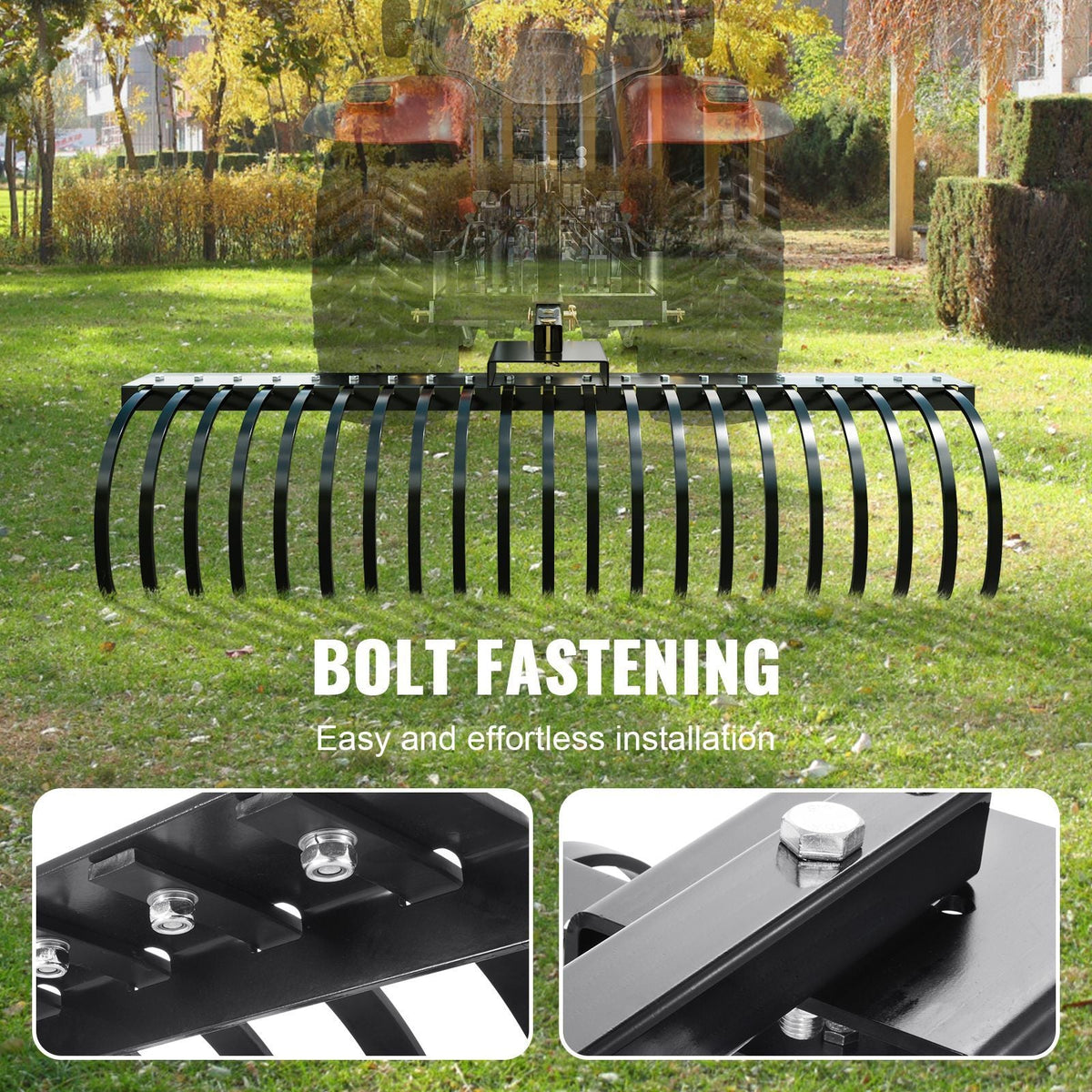 Tow Behind Landscape Rake, 60" Tow Dethatcher with 21 Steel Coil Tines, Lawn Dethatcher Rake Attaches to 48" or 60" Toolbars and 3-point Suspension Systems, for Leaves, Pine Needles, and Grass