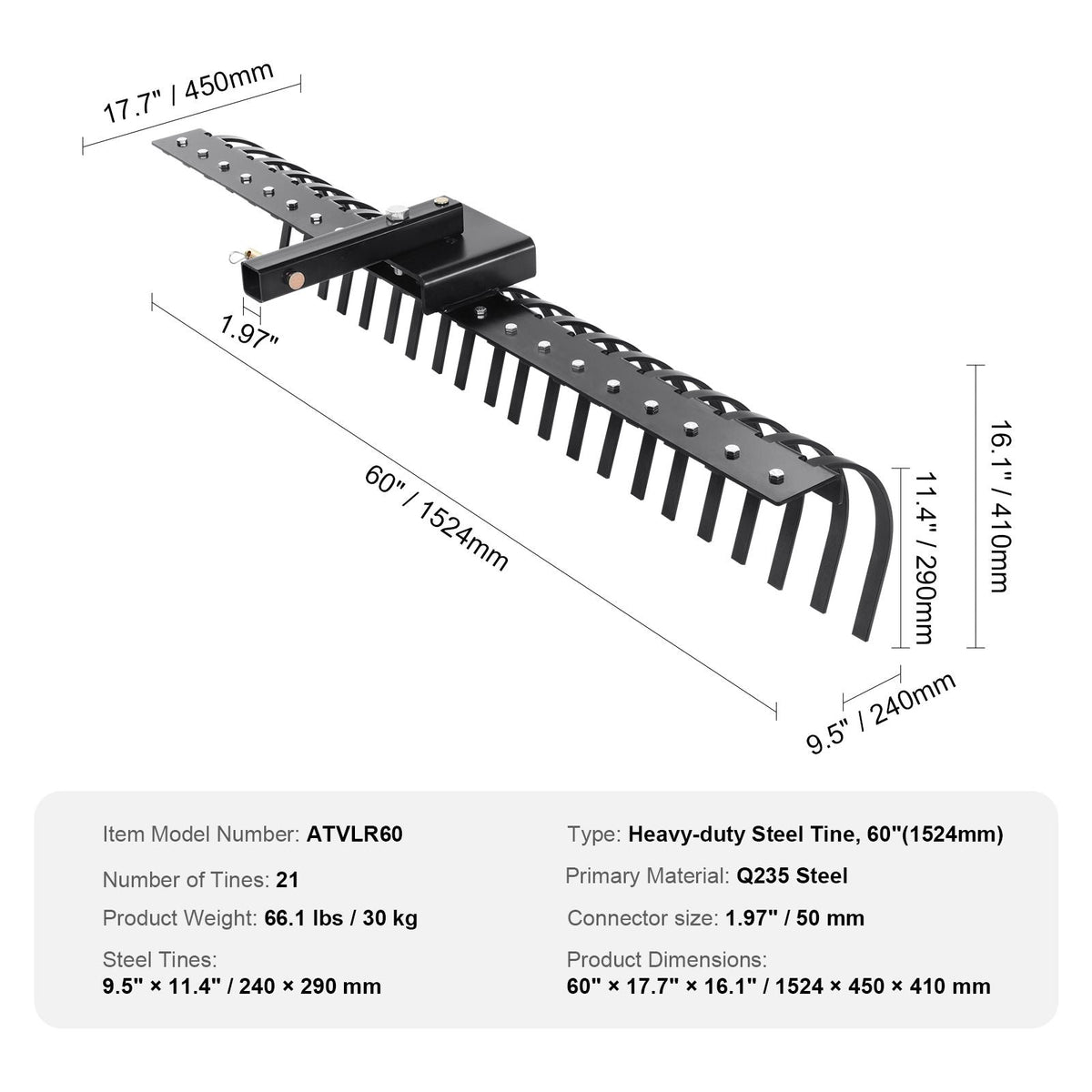 Tow Behind Landscape Rake, 60" Tow Dethatcher with 21 Steel Coil Tines, Lawn Dethatcher Rake Attaches to 48" or 60" Toolbars and 3-point Suspension Systems, for Leaves, Pine Needles, and Grass