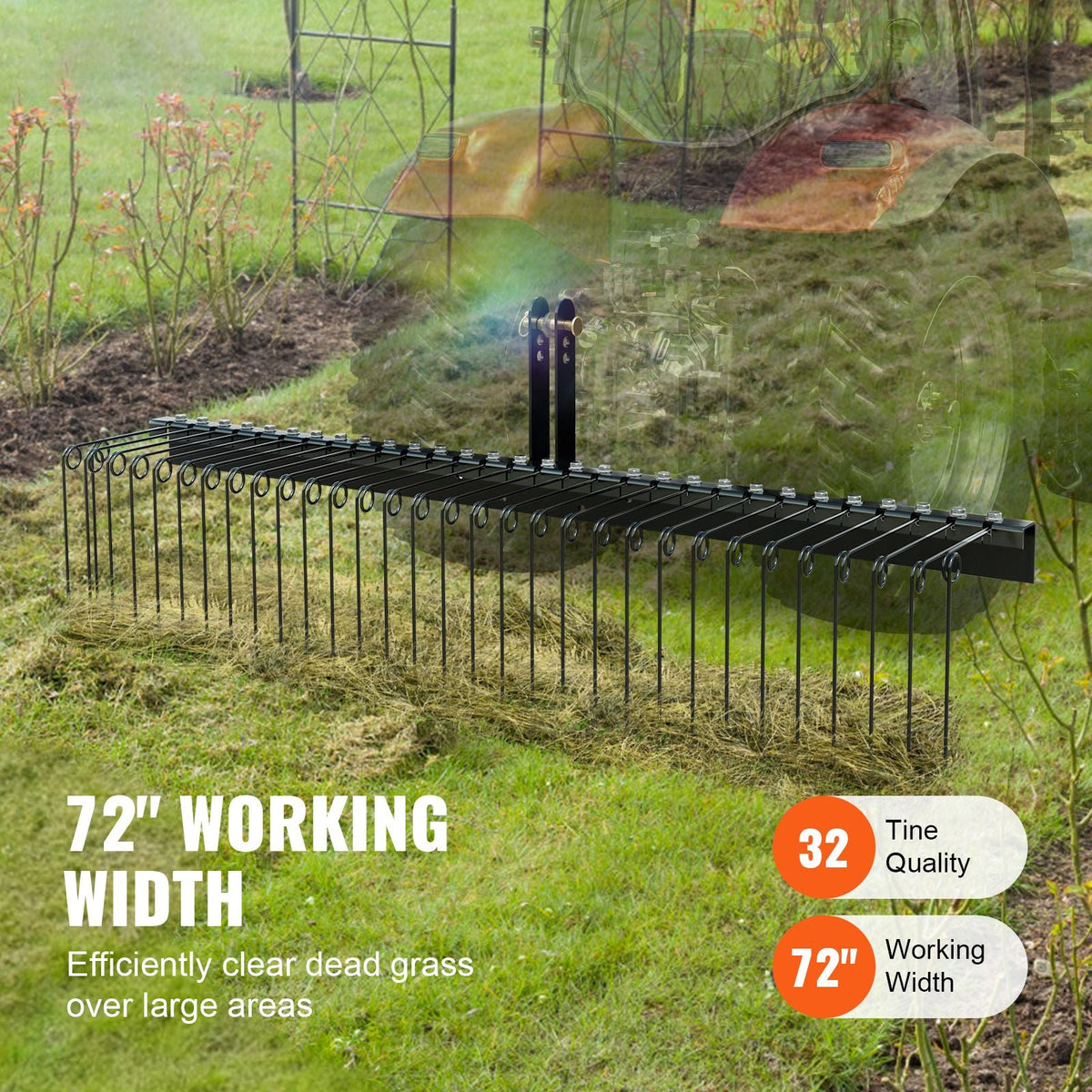 Tow Behind Landscape Rake, 72" Tow Dethatcher with 32 Steel Tines, Lawn Dethatcher Rake Attaches to Category 1, 3 Point Hitch for Tractor, for Leaves, Pine Needles, Straw, and Grass