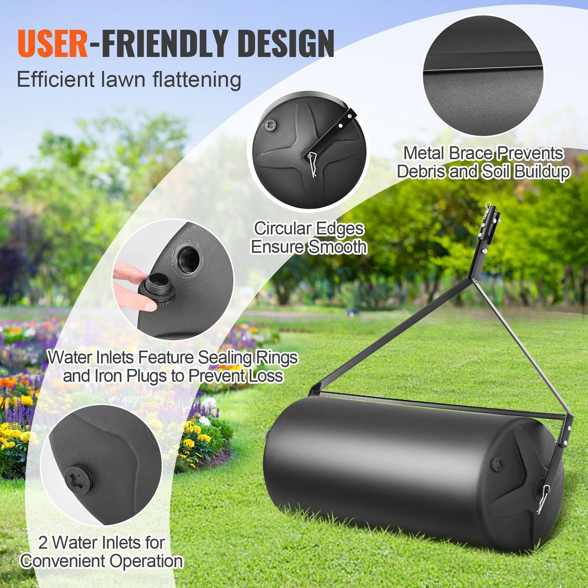 Tow Behind Lawn Roller, 400lbs Sand/Water Filled Yard Roller, LLDPE Drum and Steel Frame Sod Roller with Easy-turn Plug, Tow Behind a Tractor or ATV for Lawn, Garden, Farm, Park, Black