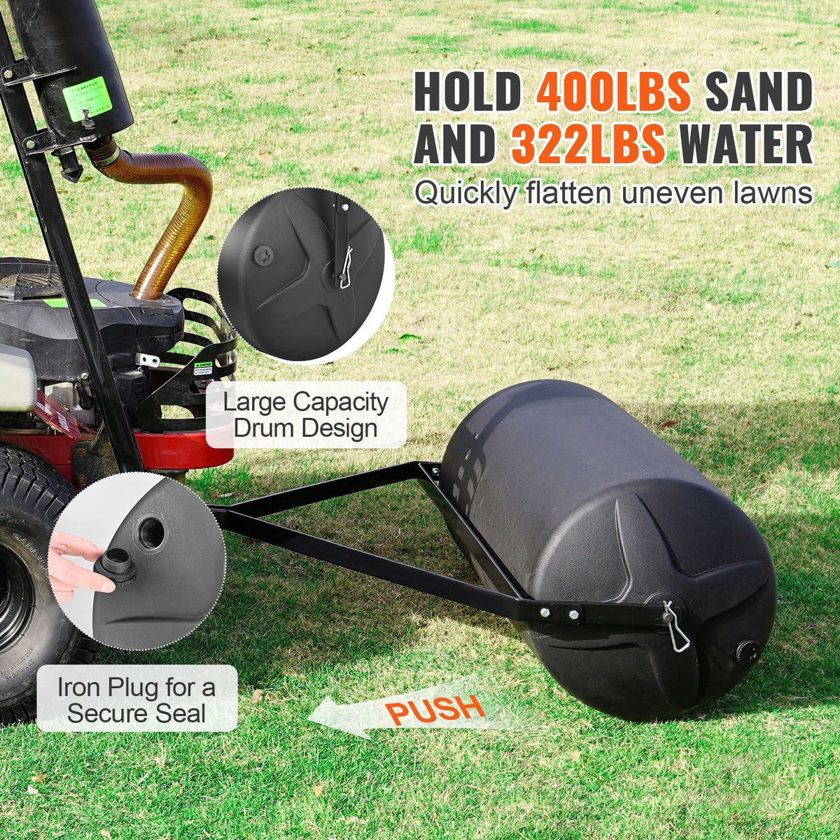 Tow Behind Lawn Roller, 400lbs Sand/Water Filled Yard Roller, LLDPE Drum and Steel Frame Sod Roller with Easy-turn Plug, Tow Behind a Tractor or ATV for Lawn, Garden, Farm, Park, Black
