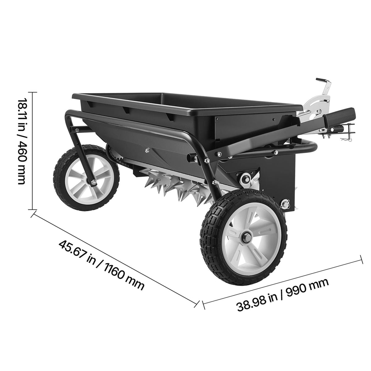 Tow Behind Lawn Spreader with Aeration Spikes, 32 in Spreading Width, Broadcast Spreader with Universal Hitch, Garden Seeder & Soil Aerator with 100lbs Capacity & 10 in Tires for ATVs UTVs