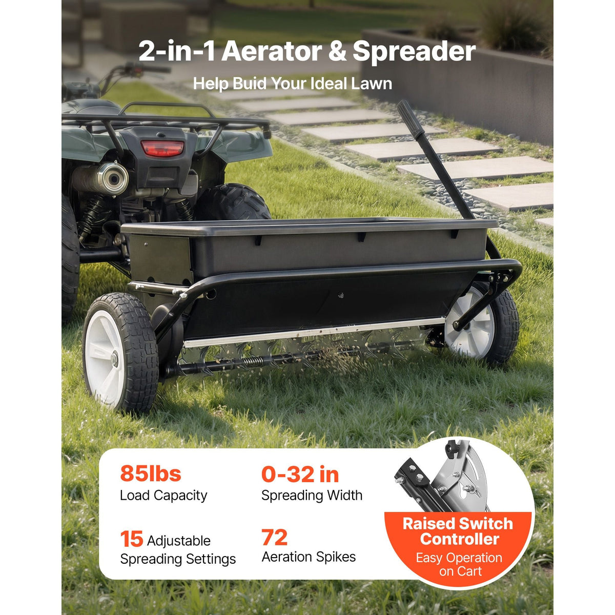 Tow Behind Lawn Spreader with Aeration Spikes, 32 in Spreading Width, Broadcast Spreader with Universal Hitch, Garden Seeder & Soil Aerator with 100lbs Capacity & 10 in Tires for ATVs UTVs