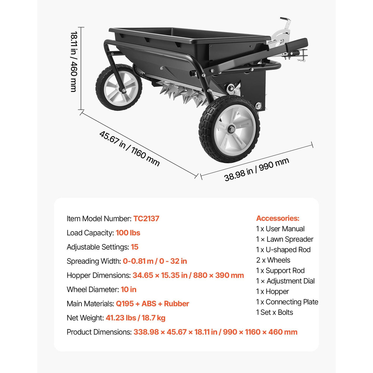Tow Behind Lawn Spreader with Aeration Spikes, 32 in Spreading Width, Broadcast Spreader with Universal Hitch, Garden Seeder & Soil Aerator with 100lbs Capacity & 10 in Tires for ATVs UTVs