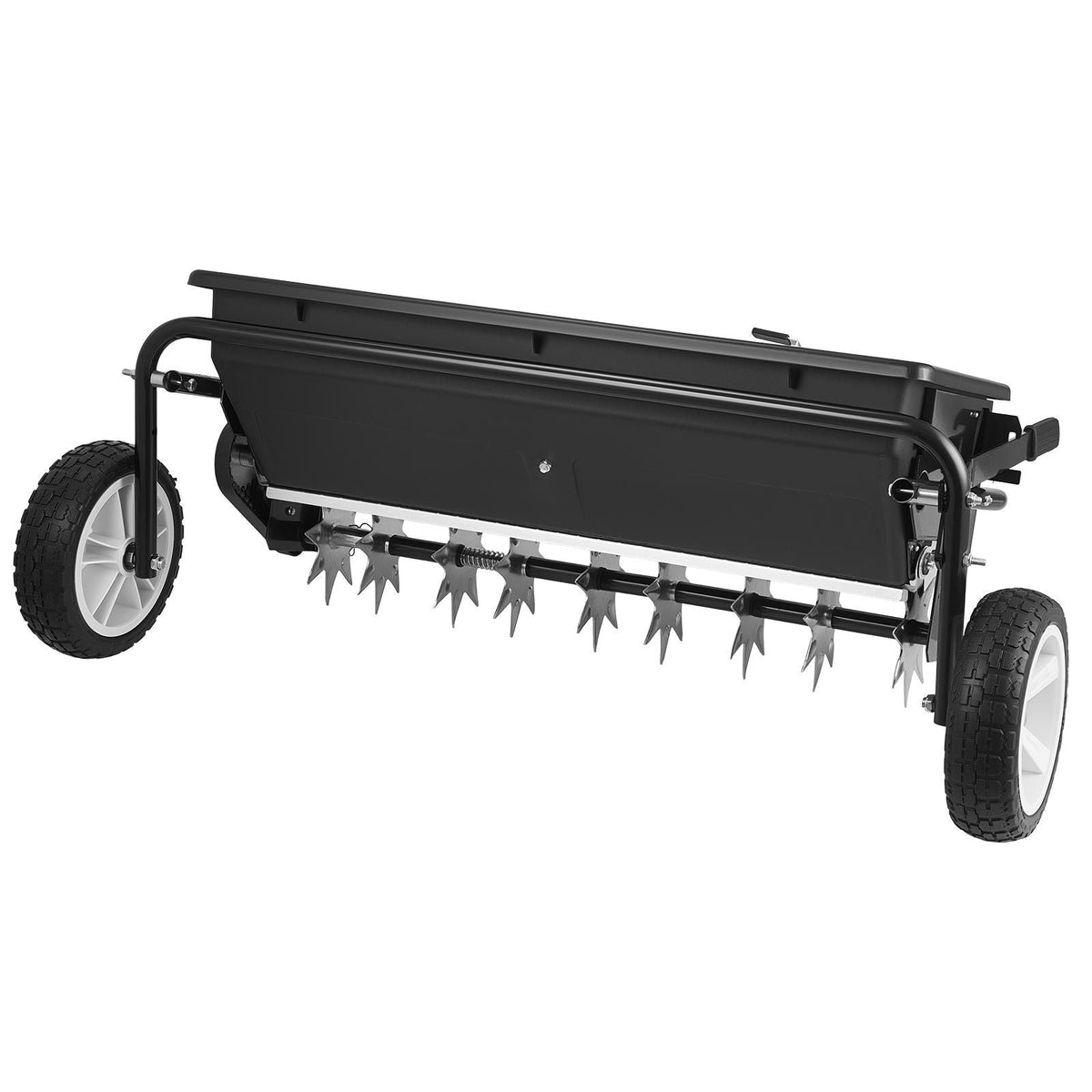 Tow Behind Lawn Spreader with Aeration Spikes, 32 in Spreading Width, Broadcast Spreader with Universal Hitch, Garden Seeder & Soil Aerator with 100lbs Capacity & 10 in Tires for ATVs UTVs