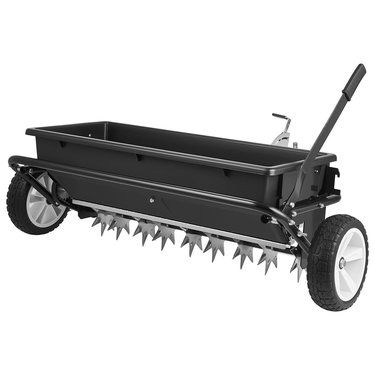 Tow Behind Lawn Spreader with Aeration Spikes, 32 in Spreading Width, Broadcast Spreader with Universal Hitch, Garden Seeder & Soil Aerator with 100lbs Capacity & 10 in Tires for ATVs UTVs