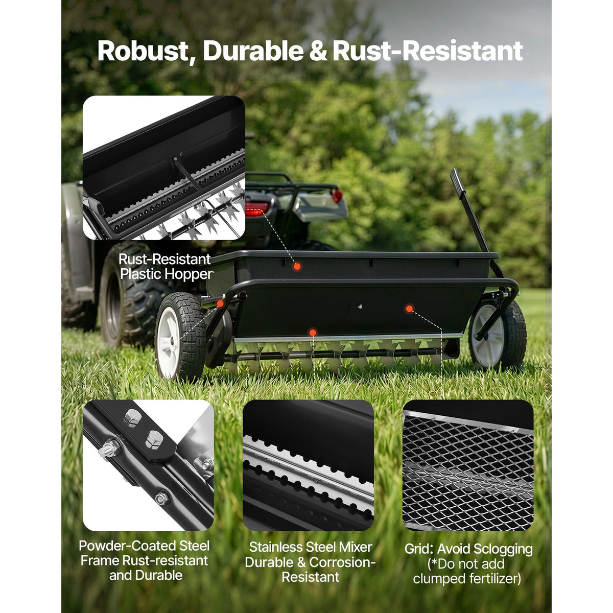 Tow Behind Lawn Spreader with Aeration Spikes, 32 in Spreading Width, Broadcast Spreader with Universal Hitch, Garden Seeder & Soil Aerator with 100lbs Capacity & 10 in Tires for ATVs UTVs