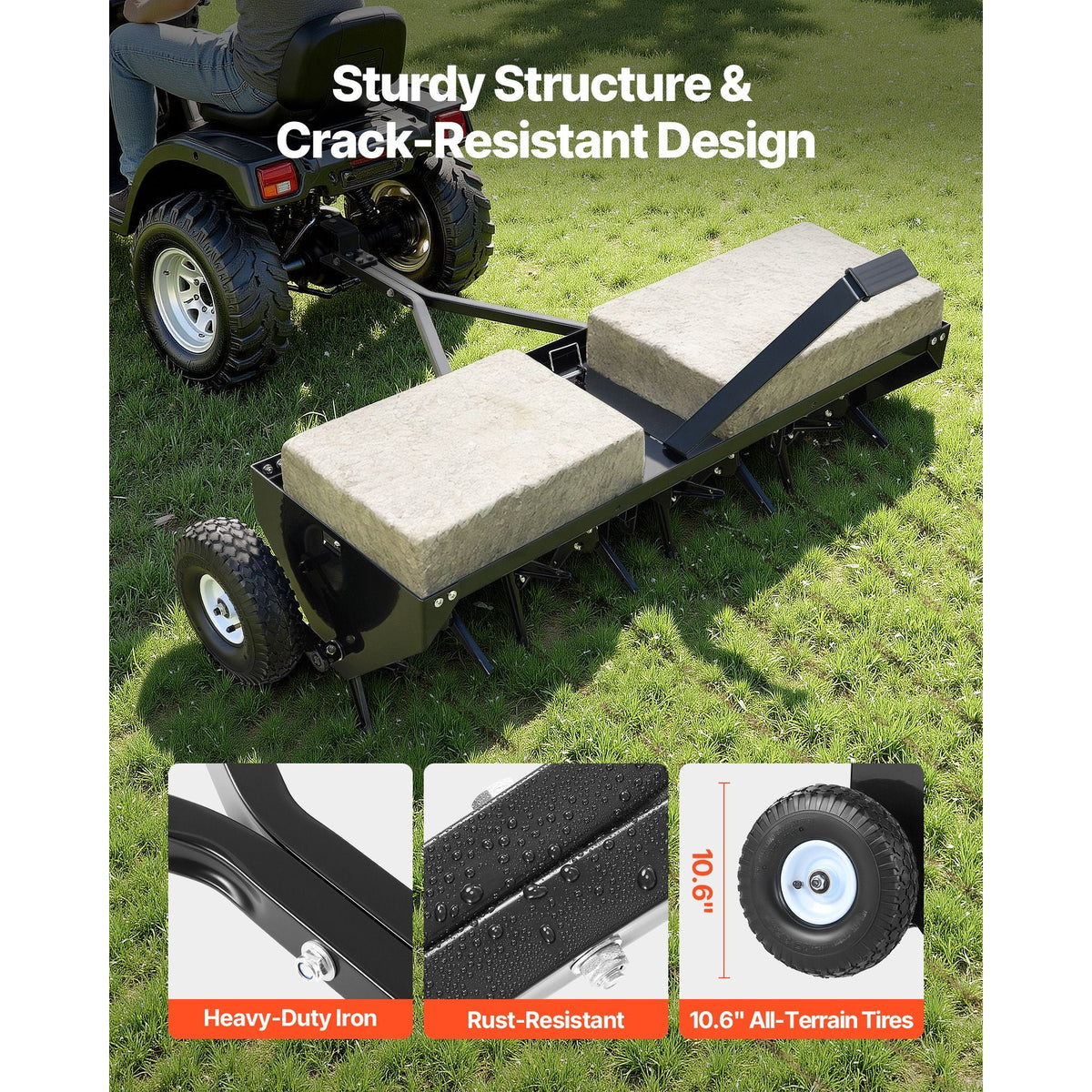 Tow Behind Plug Aerator, 40 in Lawn Core Aerator Tool Universal Hitch, 150lbs Weight Capacity, Heavy Duty Pull Behind Spike Aerators with Tray & 10.6 in Wheels, for Farmland & Garden Tractors