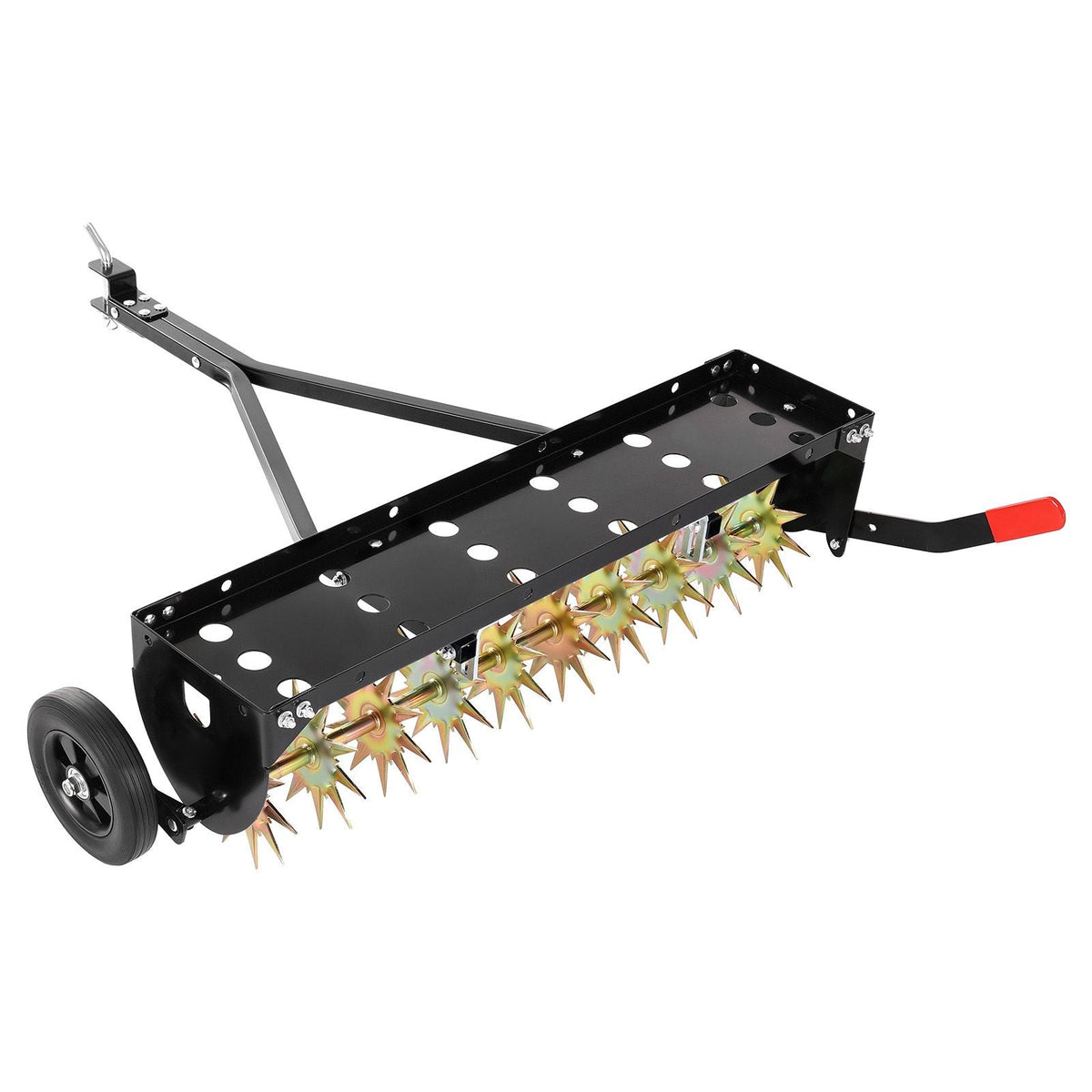 Tow Behind Plug Aerator, 40 in Lawn Spike Aerator with Universal Hitch, 150lbs Weight Capacity, Heavy Duty & Rust-Resistant, Pull Behind Aeration Tool with Tray for Farmland & Garden Tractors