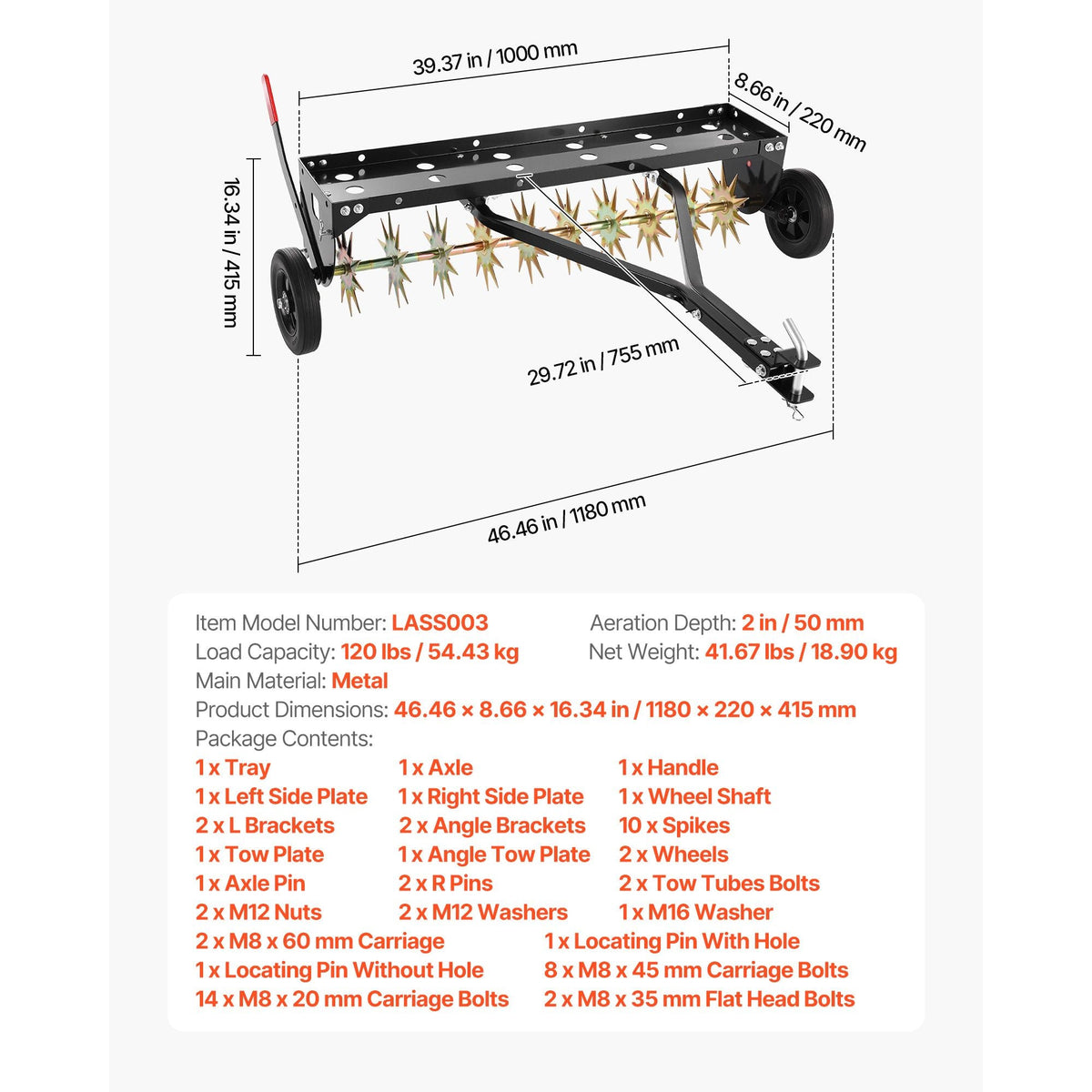Tow Behind Plug Aerator, 40 in Lawn Spike Aerator with Universal Hitch, 150lbs Weight Capacity, Heavy Duty & Rust-Resistant, Pull Behind Aeration Tool with Tray for Farmland & Garden Tractors