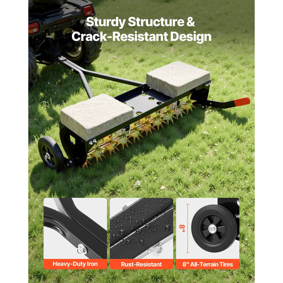 Tow Behind Plug Aerator, 40 in Lawn Spike Aerator with Universal Hitch, 150lbs Weight Capacity, Heavy Duty & Rust-Resistant, Pull Behind Aeration Tool with Tray for Farmland & Garden Tractors