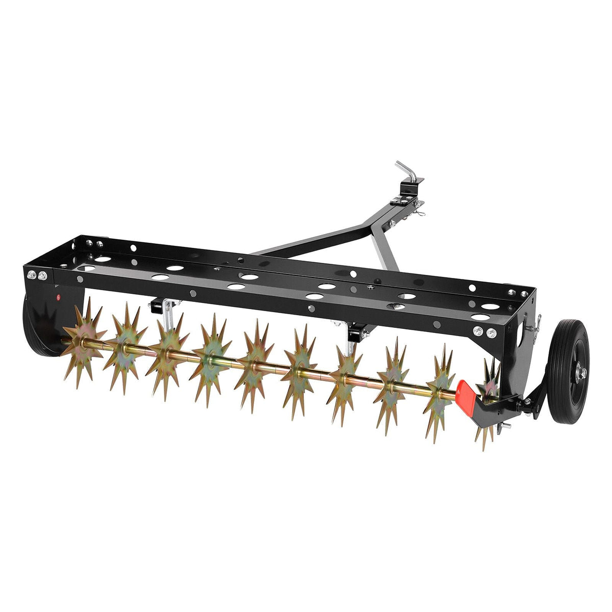 Tow Behind Plug Aerator, 40 in Lawn Spike Aerator with Universal Hitch, 150lbs Weight Capacity, Heavy Duty & Rust-Resistant, Pull Behind Aeration Tool with Tray for Farmland & Garden Tractors