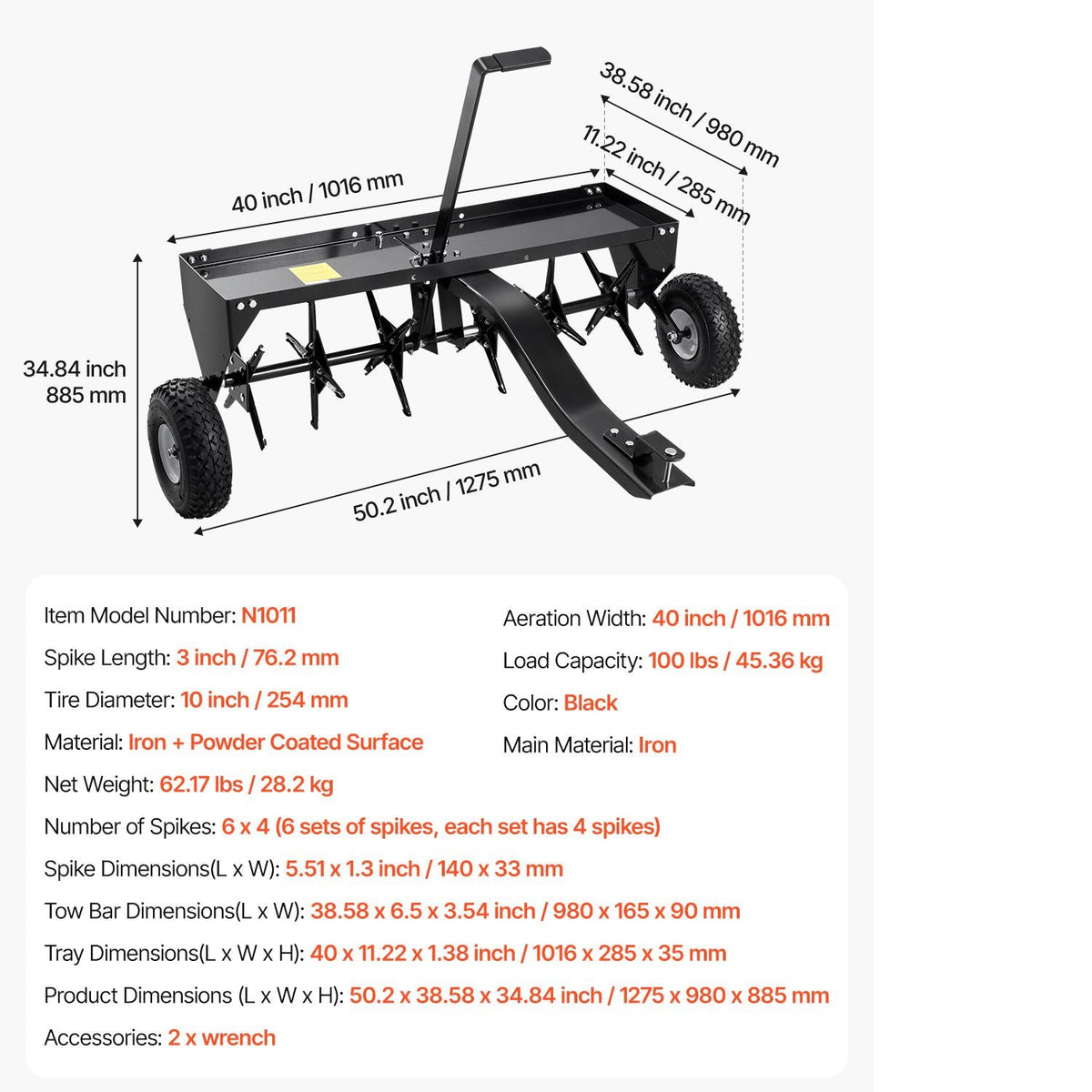 Tow Behind Plug Aerator, 40-Inch Tow Behind Lawn Plug Aerator with Universal Hitch, Pull Behind Aerator with Iron Spikes Alternately Arranged, Lawn Aerator Tow Behind for Gardens, Lawns, Farms