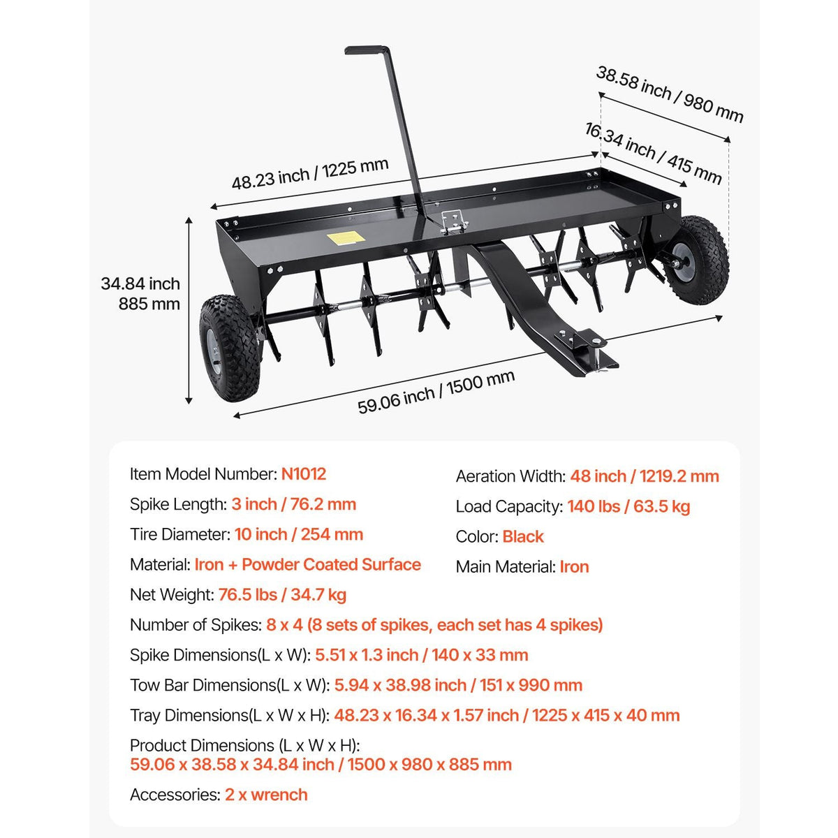Tow Behind Plug Aerator, 48-Inch Tow Behind Lawn Plug Aerator with Universal Hitch, Pull Behind Aerator with Iron Spikes Alternately Arranged, Lawn Aerator Tow Behind for Gardens, Lawns, Farms