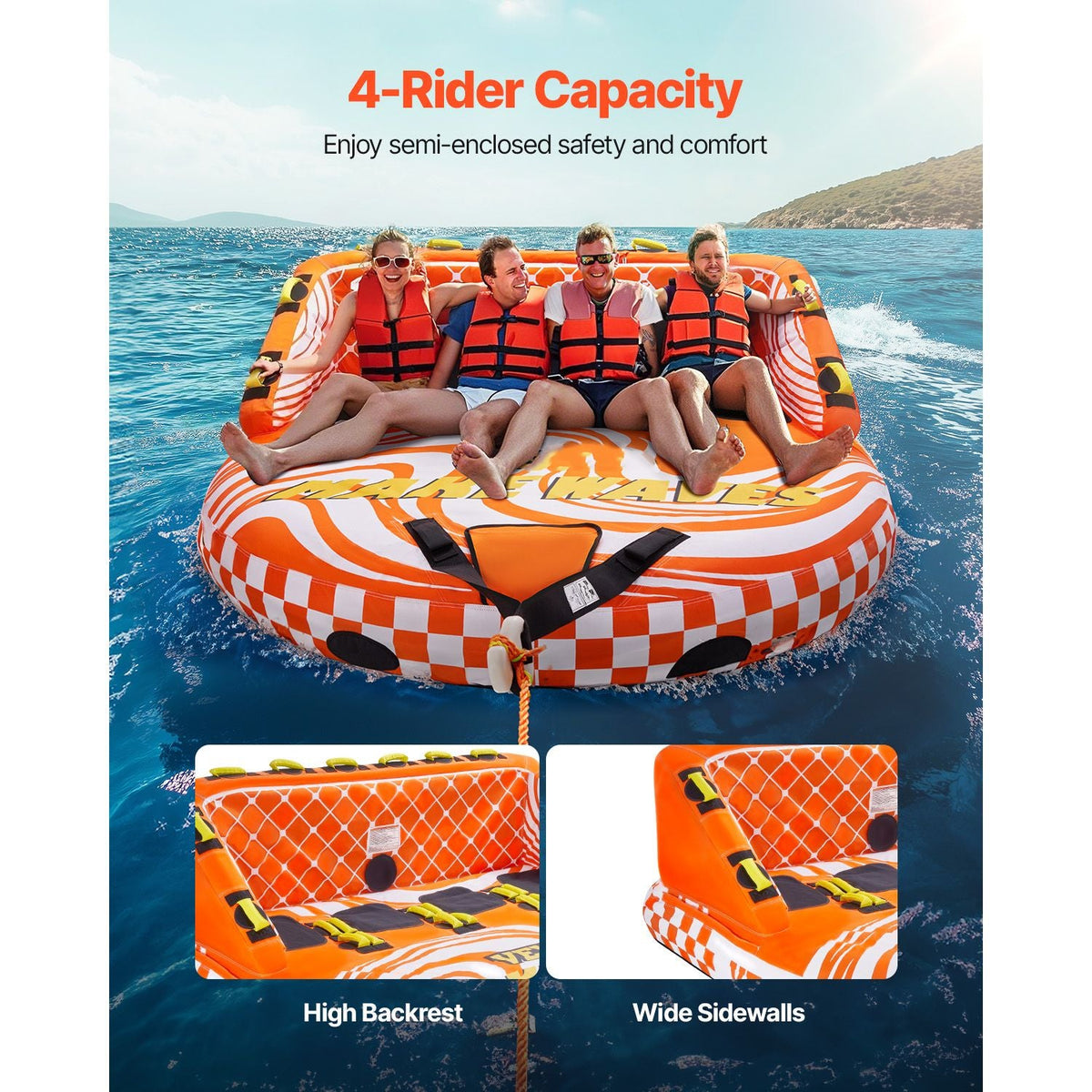 Towable Tube for Boating, 1-4 Riders Inflatable Boat Tubes and Towables, 680lbs Water Sport Towable Tube for Boat to Pull - with Full Nylon Cover, 22 Grab Handles, Dual Tow Points & Safety Valve