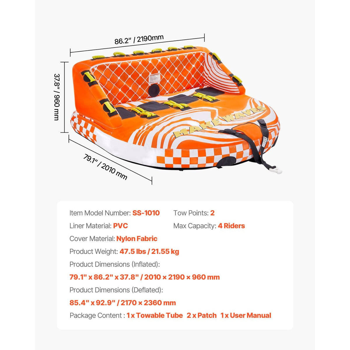 Towable Tube for Boating, 1-4 Riders Inflatable Boat Tubes and Towables, 680lbs Water Sport Towable Tube for Boat to Pull - with Full Nylon Cover, 22 Grab Handles, Dual Tow Points & Safety Valve