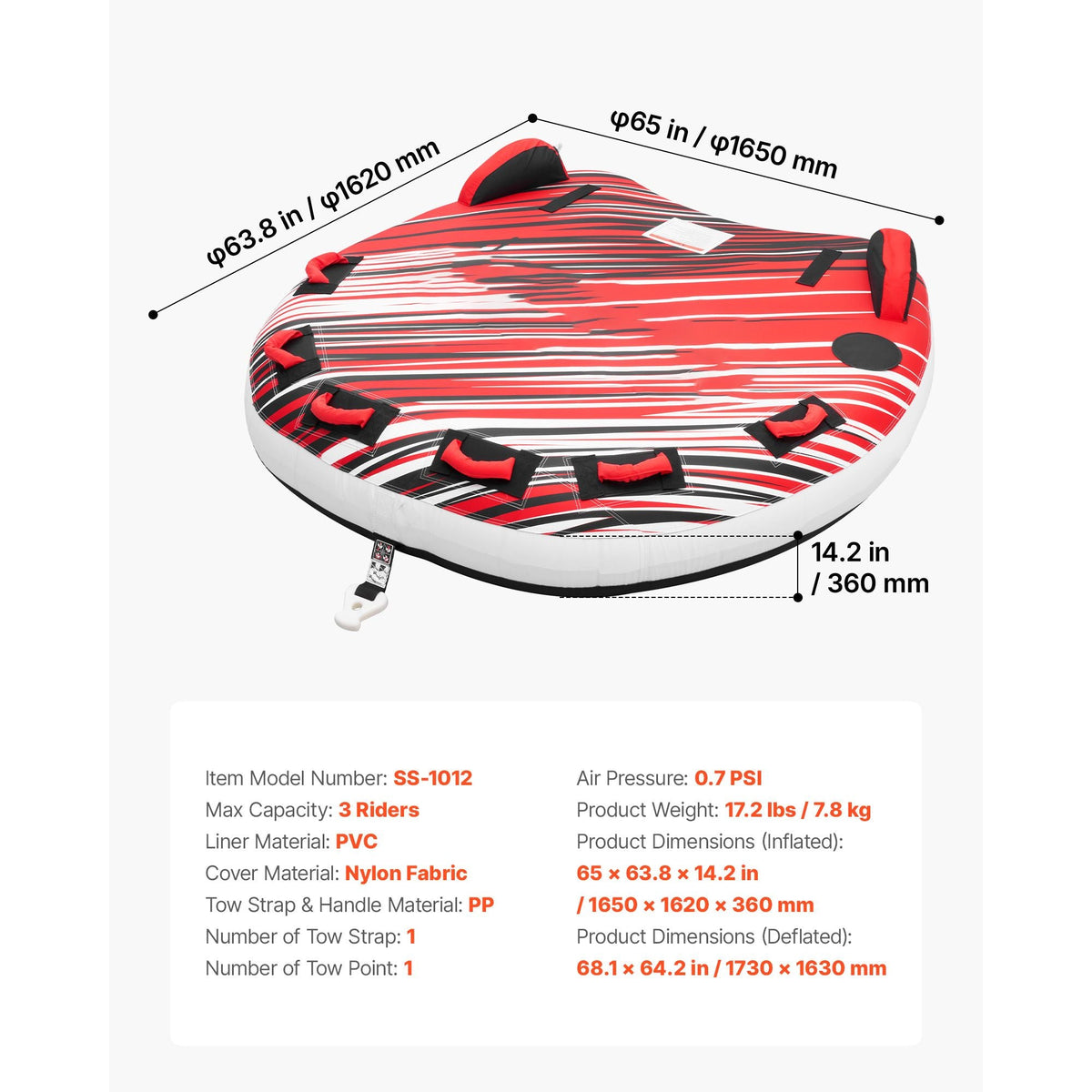 Towable Tube for Boating, 3 Riders Inflatable Boat Tubes and Towables, 510 lbs Capacity Water Sport Towable Tube for Boat to Pull - with Fins, Full Nylon Cover, Padded Handles & Safety Valve