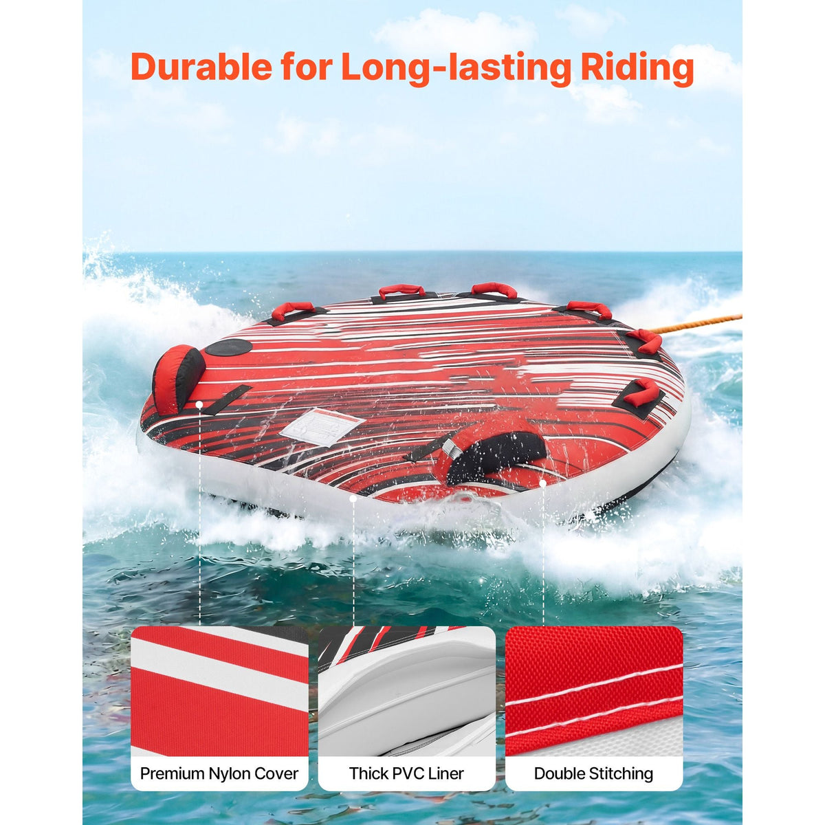 Towable Tube for Boating, 3 Riders Inflatable Boat Tubes and Towables, 510 lbs Capacity Water Sport Towable Tube for Boat to Pull - with Fins, Full Nylon Cover, Padded Handles & Safety Valve