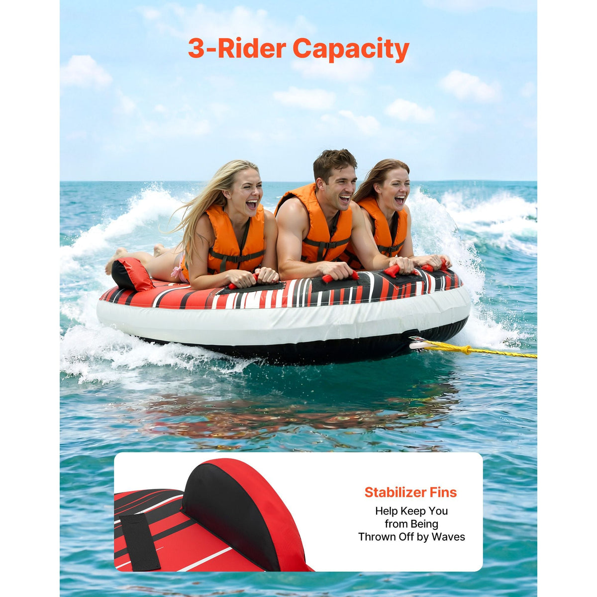 Towable Tube for Boating, 3 Riders Inflatable Boat Tubes and Towables, 510 lbs Capacity Water Sport Towable Tube for Boat to Pull - with Fins, Full Nylon Cover, Padded Handles & Safety Valve