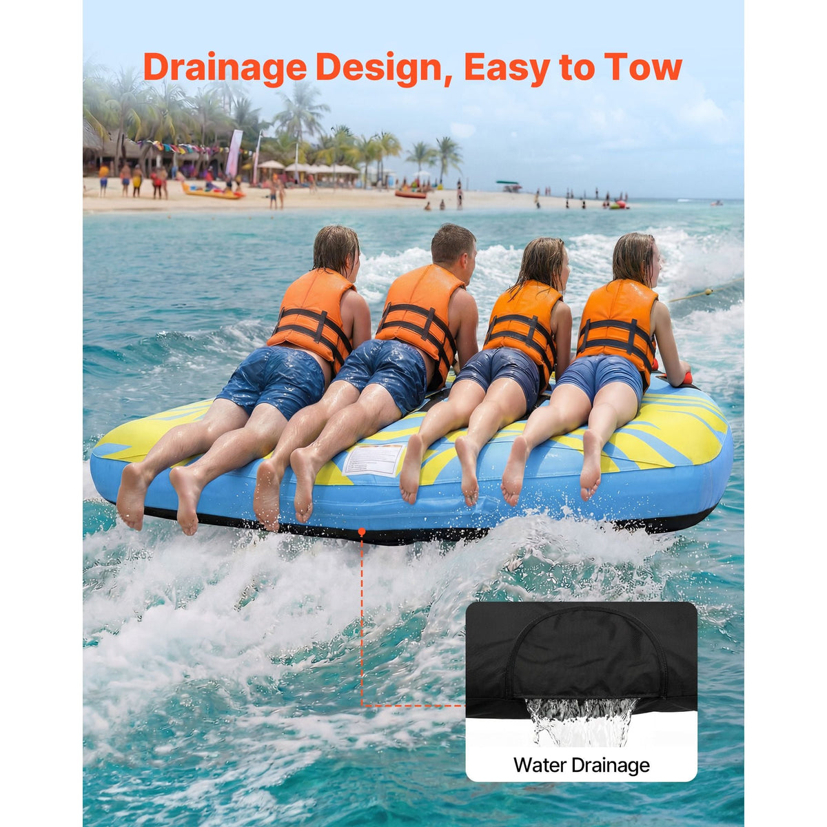 Towable Tube for Boating, 4 Riders Inflatable Boat Tubes and Towables, 680 lbs Capacity Water Sport Towable Tube for Boat to Pull - with Fins, Full Nylon Cover, Padded Handles & Safety Valve