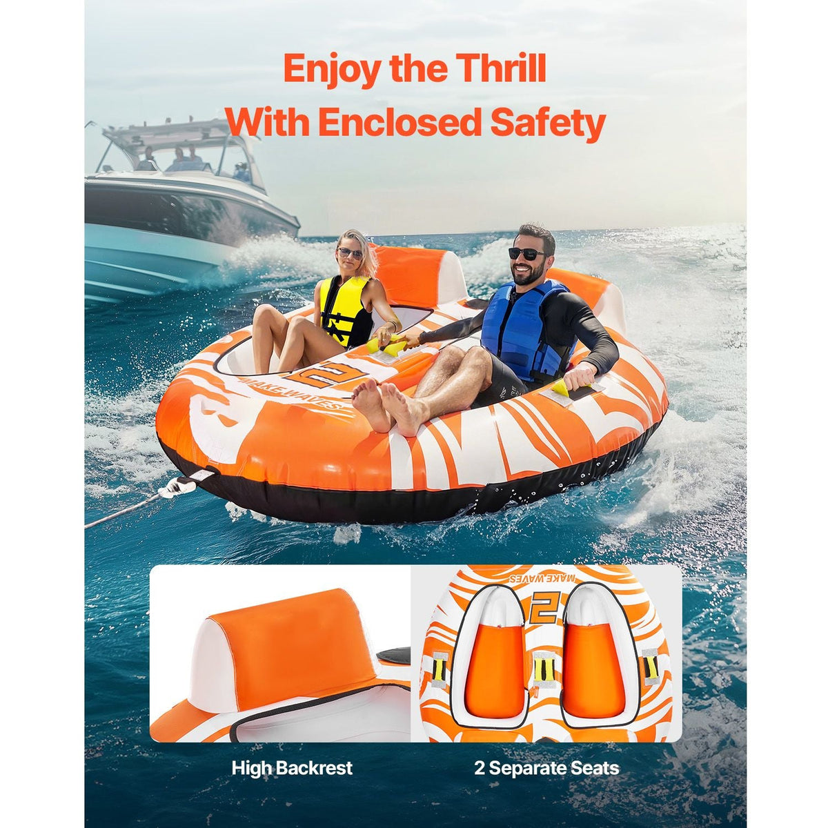 Towable Tubes for Boating 2 Person, Inflatable Boat Tubes and Towables with 2 Cockpits, 340lbs Water Sport Tubes for Boat to Pull - with 840D Full Nylon Cover, Padded Grab Handles & Safety Valve