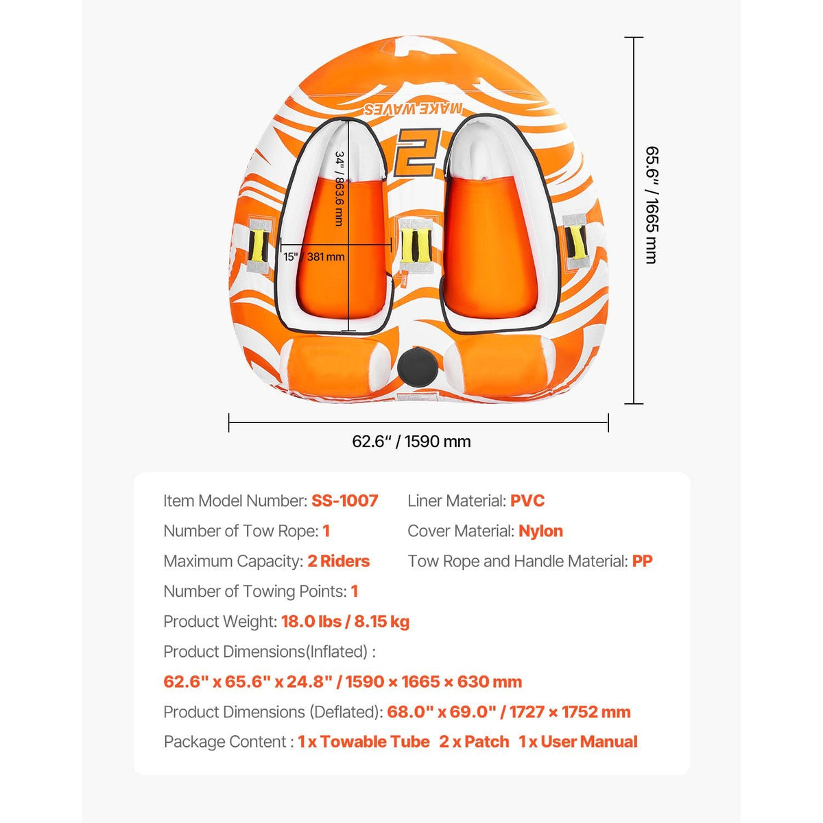 Towable Tubes for Boating 2 Person, Inflatable Boat Tubes and Towables with 2 Cockpits, 340lbs Water Sport Tubes for Boat to Pull - with 840D Full Nylon Cover, Padded Grab Handles & Safety Valve