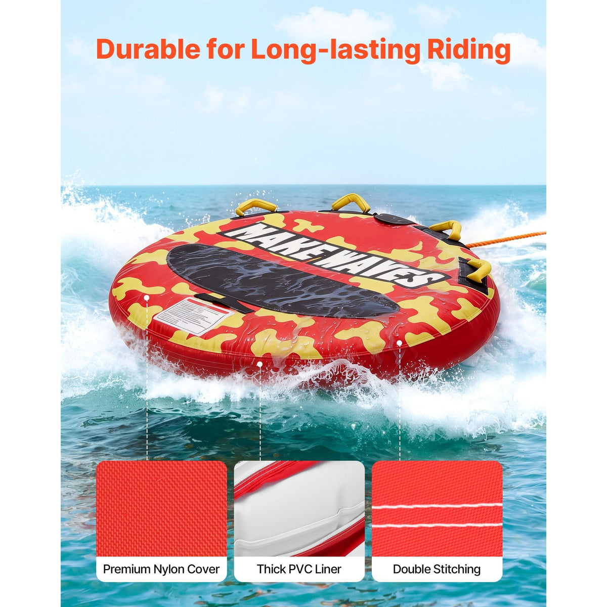 Towable Tubes for Boating, 2-Rider Inflatable Boat Tubes and Towables, 340lbs Capacity Water Sport Tube for Boat to Pull - with Anti-Slip Pad, Full Nylon Cover, Padded Handles & Safety Valve