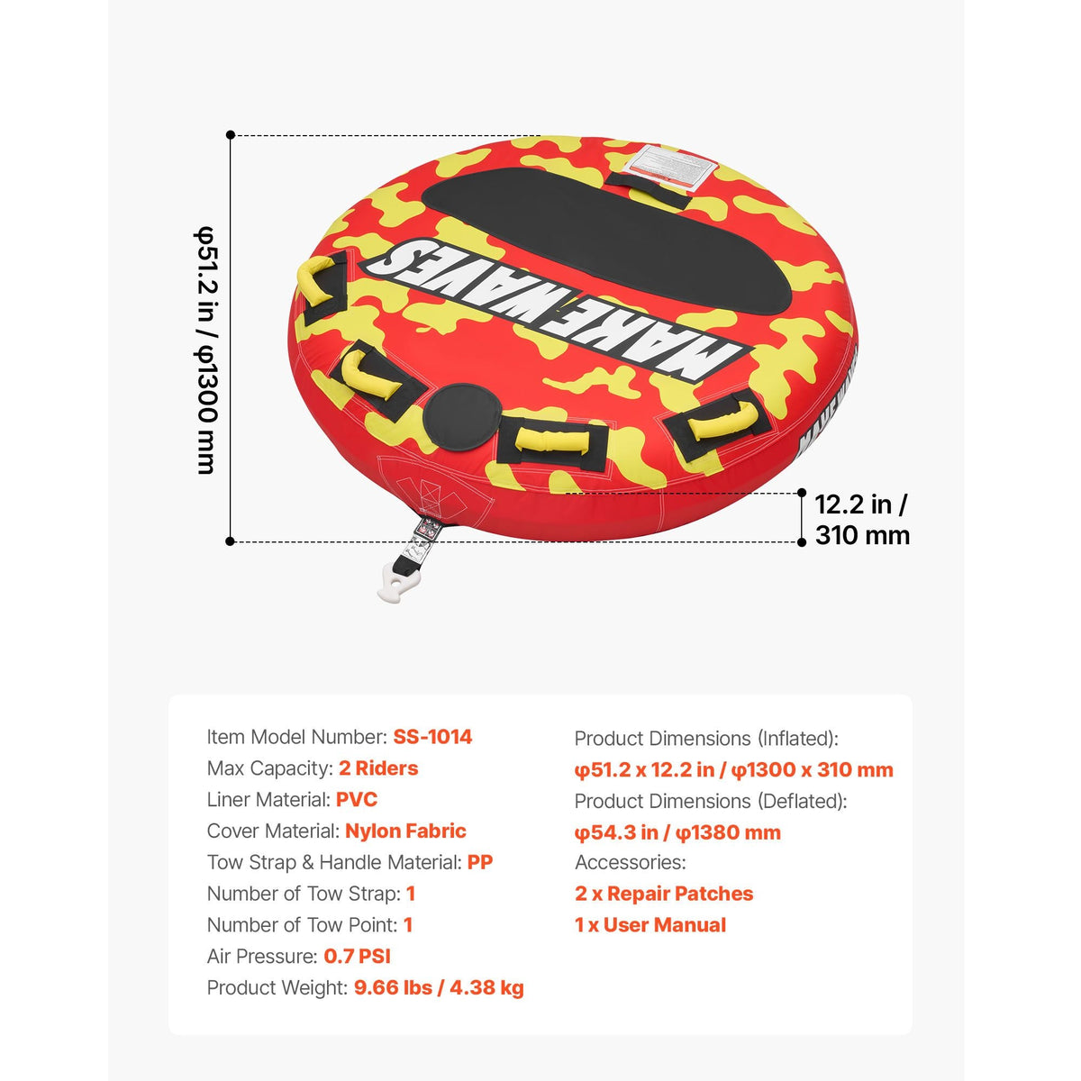 Towable Tubes for Boating, 2-Rider Inflatable Boat Tubes and Towables, 340lbs Capacity Water Sport Tube for Boat to Pull - with Anti-Slip Pad, Full Nylon Cover, Padded Handles & Safety Valve