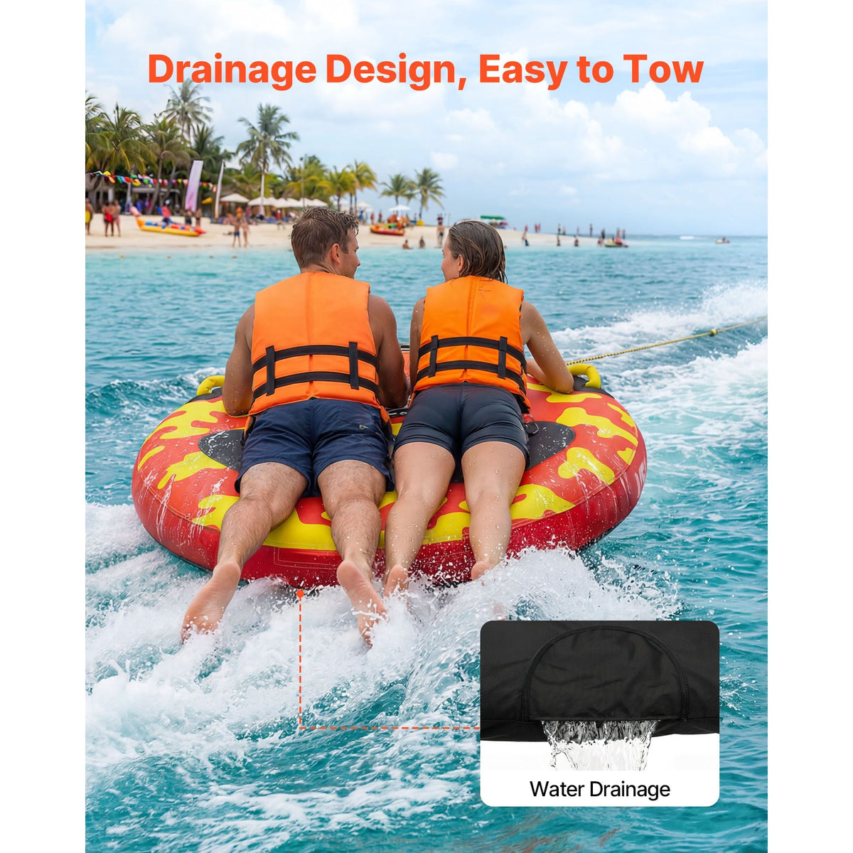 Towable Tubes for Boating, 2-Rider Inflatable Boat Tubes and Towables, 340lbs Capacity Water Sport Tube for Boat to Pull - with Anti-Slip Pad, Full Nylon Cover, Padded Handles & Safety Valve