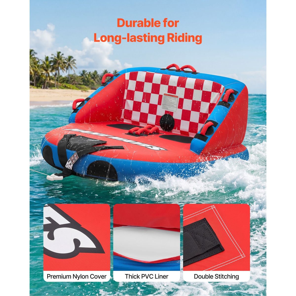 Towable Tubes for Boating, 2-Rider Inflatable Towable Tube for Boat to Pull, 340 lbs Capacity Water Sports Boating Tubes - with Full Nylon Cover, Dual Tow Points, Safety Valve & Padded Handles