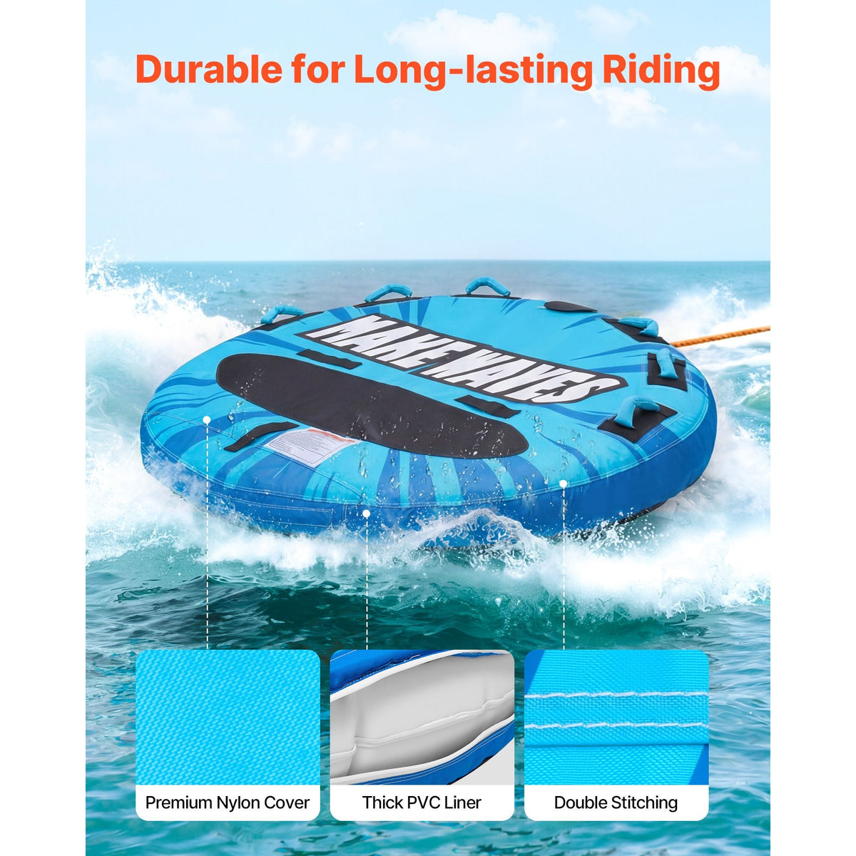 Towable Tubes for Boating, 3-Rider Inflatable Boat Tubes and Towables, 510lbs Capacity Water Sport Tube for Boat to Pull - with Anti-Slip Pad, Full Nylon Cover, Padded Handles & Safety Valve